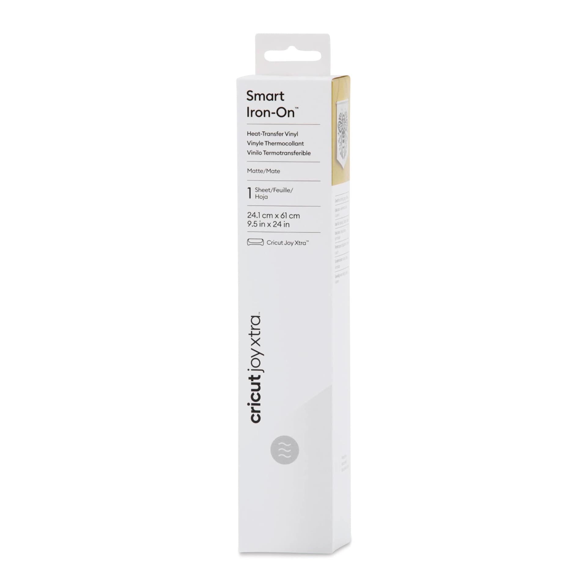 Cricut Joy Xtra Smart Iron-On Vinyl - White, 9-1/2" x 2 ft front of packaging