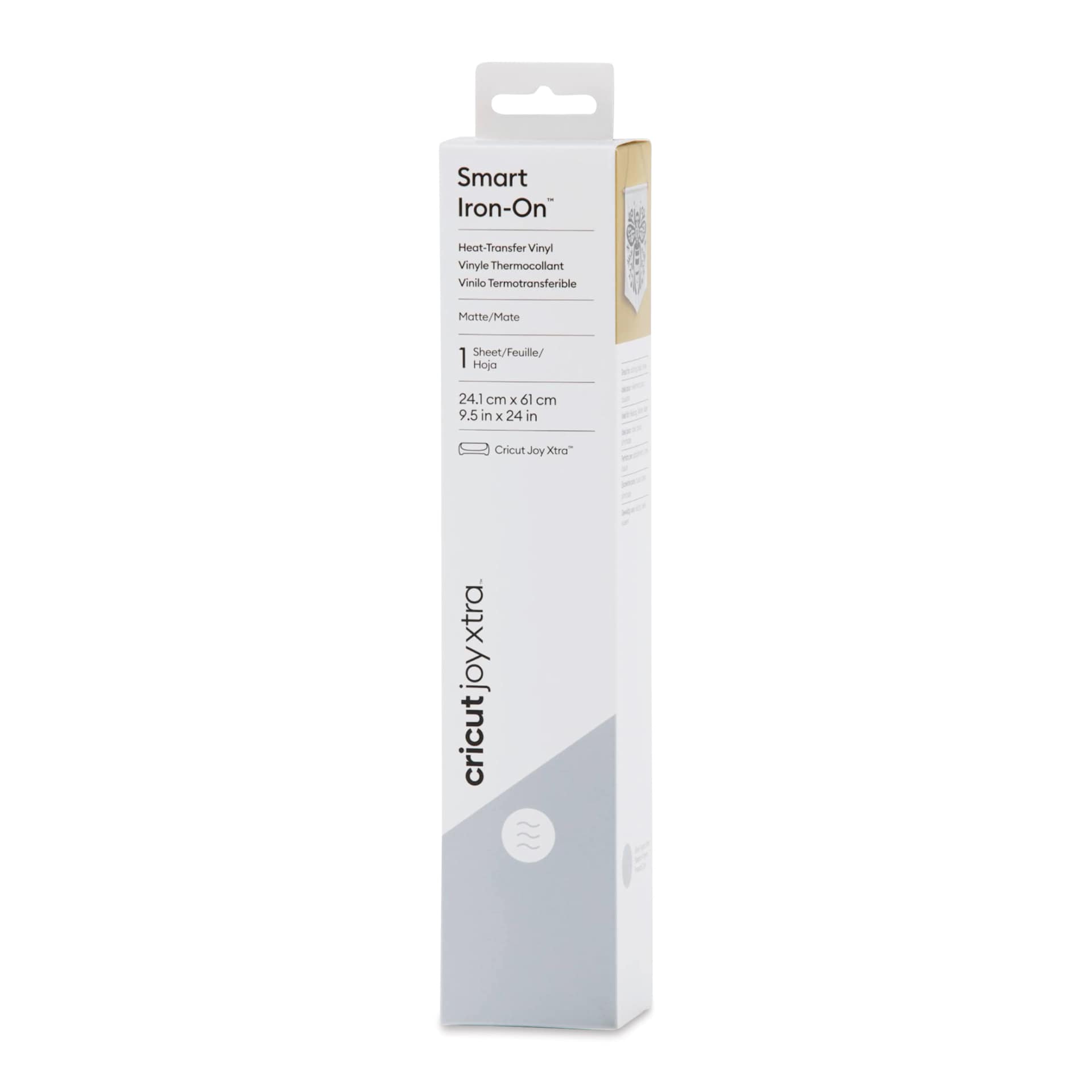 Cricut Joy Xtra Smart Iron-On Vinyl - Silver, 9-1/2" x 2 ft front of packaging