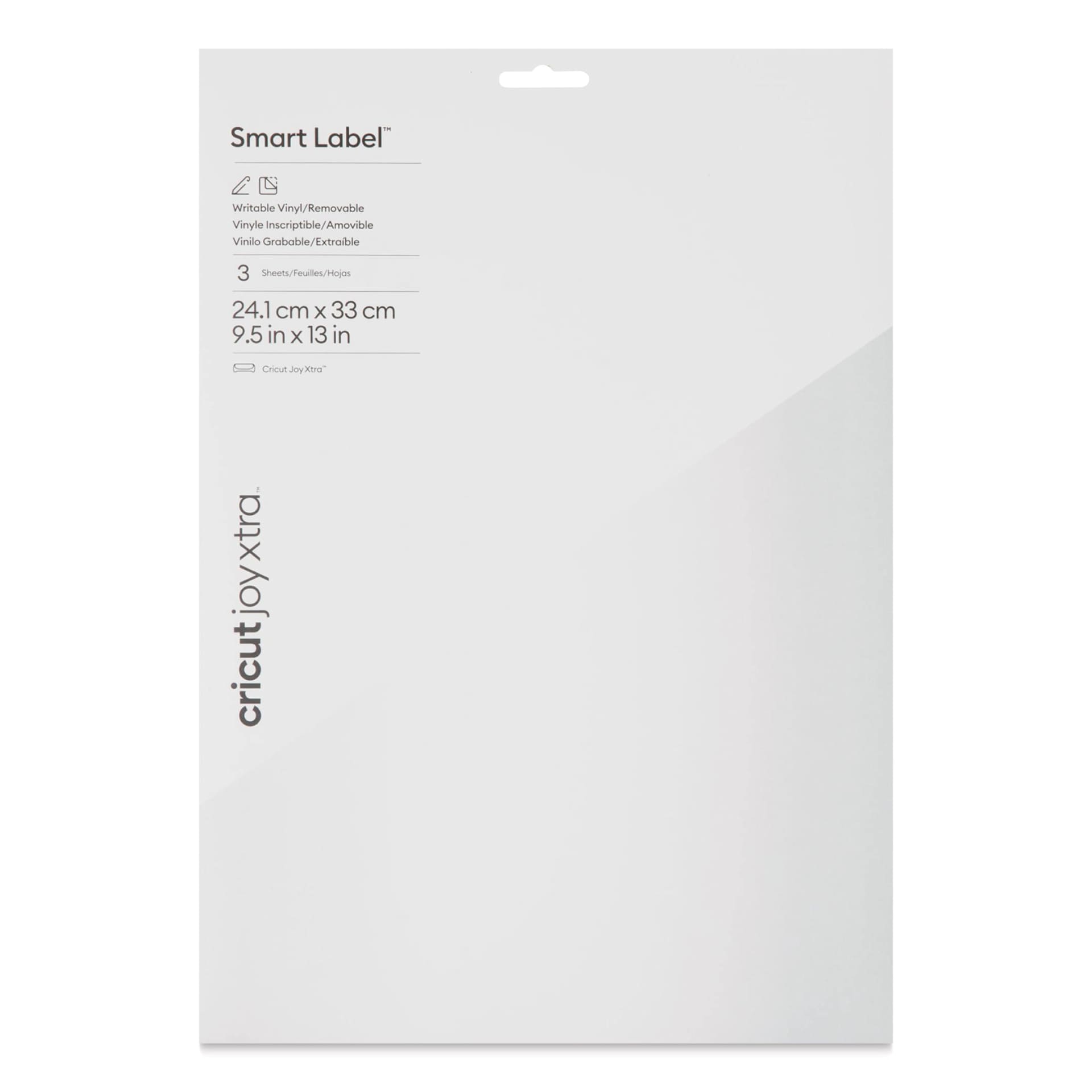 Cricut Joy Xtra Removable Smart Label Writable Vinyl Sheets - 9-1/2" x 13", Pkg of 3 front of packaging