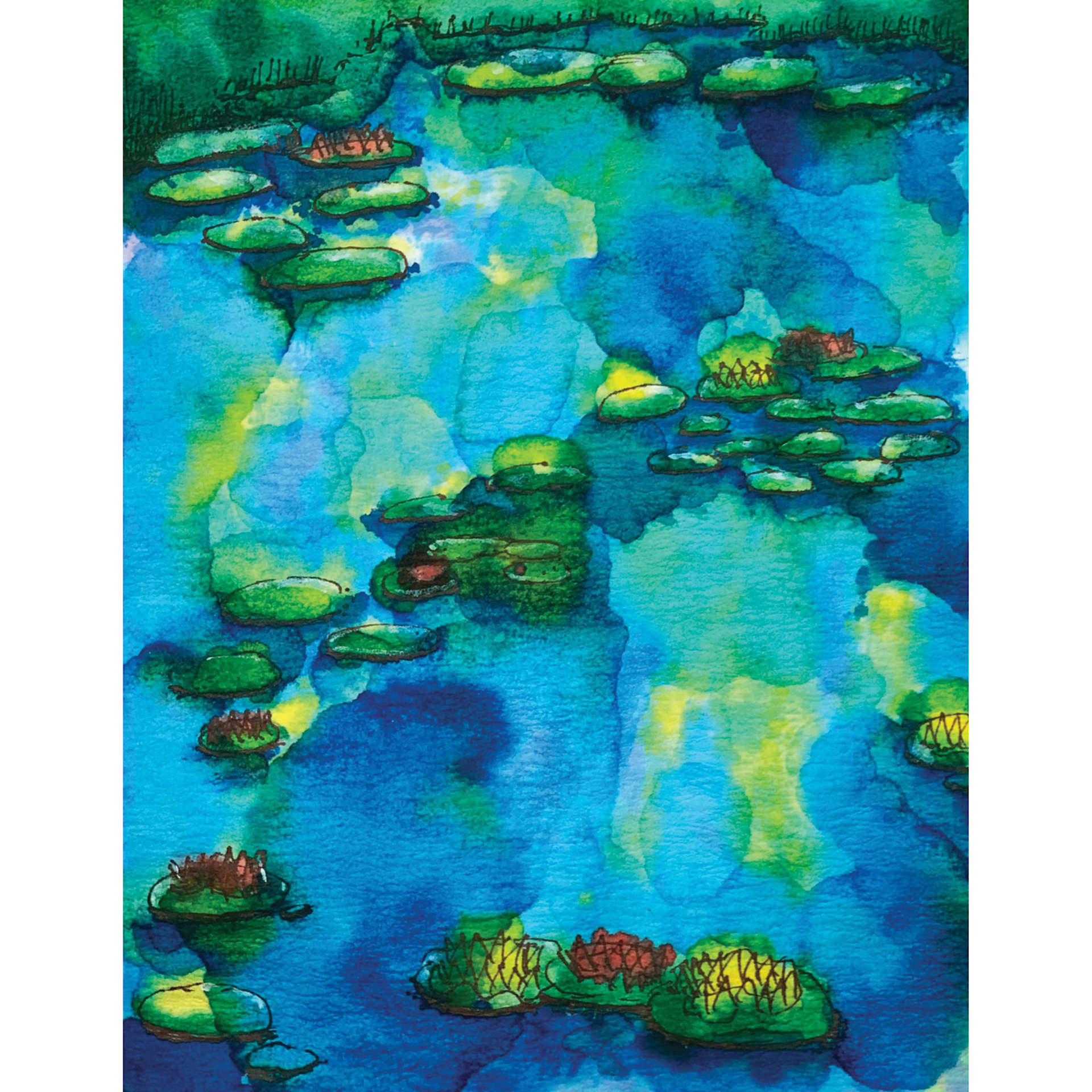 Roylco Blots of Paper - 8-1/2" x 11”, Pkg of 40 finished artwork example, water lily pond