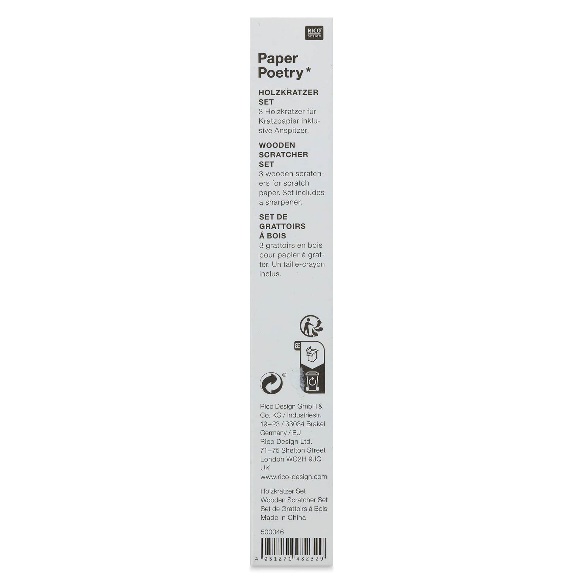 Rico Design Paper Poetry Wooden Scratchers - Pkg of 3 with Sharpener - back of packaging