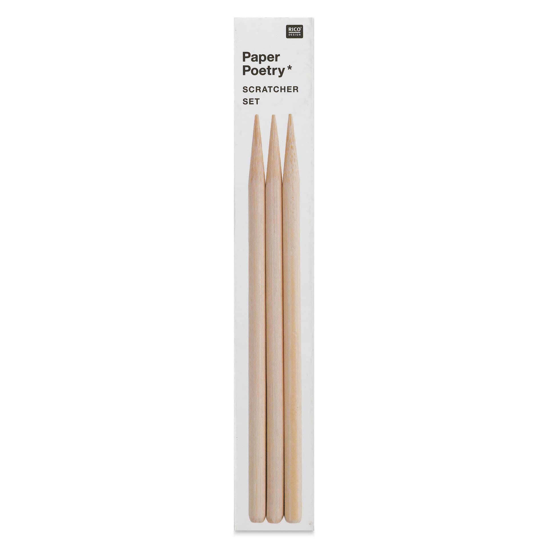 Rico Design Paper Poetry Wooden Scratchers - Pkg of 3 with Sharpener - front of packaging