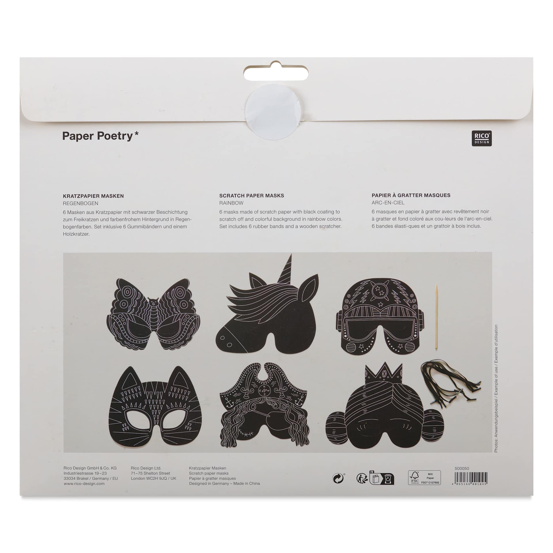 Rico Design Paper Poetry Scratch Paper Masks - Set of 6 - back of packaging