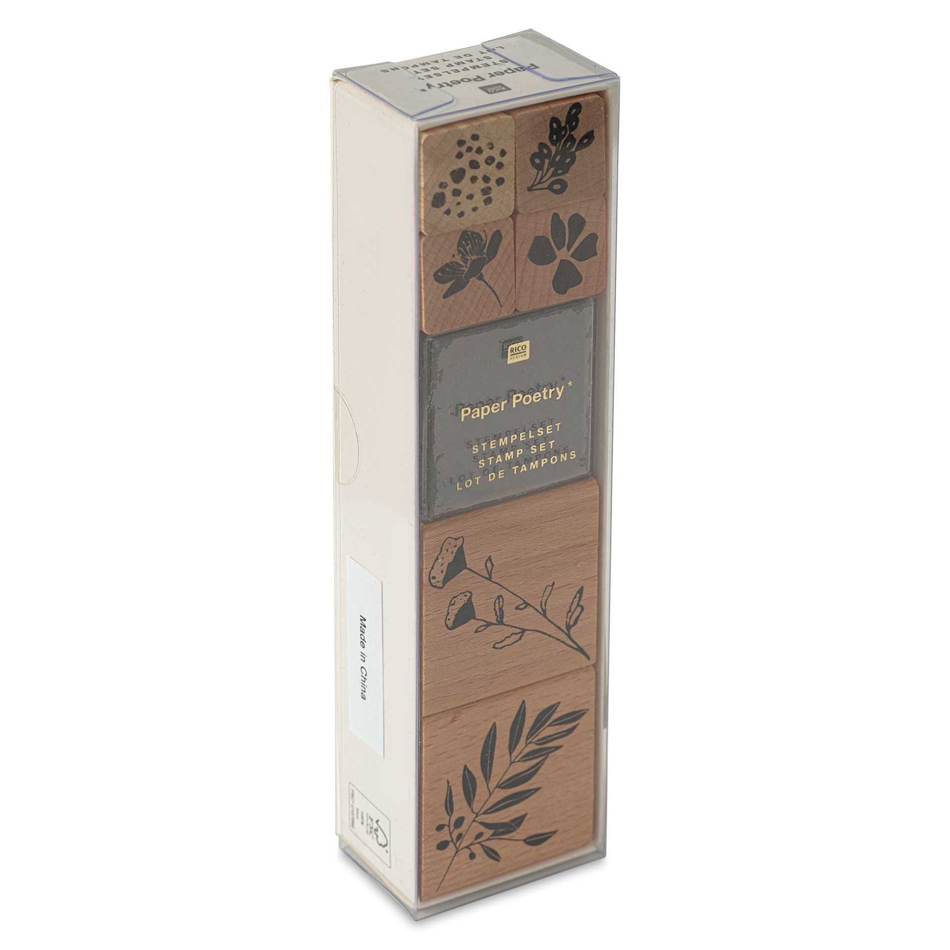 Rico Design Paper Poetry Stamp Set - Set of 7, Floral Motifs front of packaging, angled view