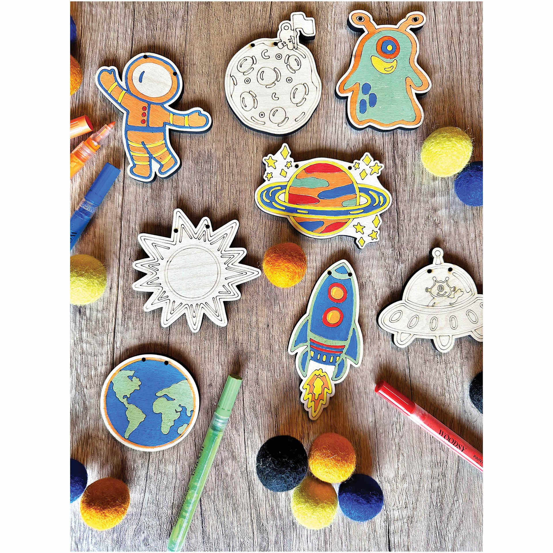 Woodsy Craft Co. DIY Garland Kit - Outer Space - in progress