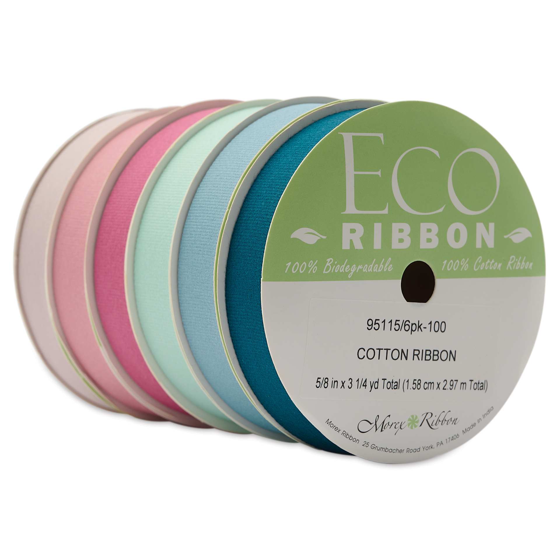 Morex Cotton Eco Ribbon -  5/8" x 3.25 yd, Assorted, Pkg of 6, at an angle
