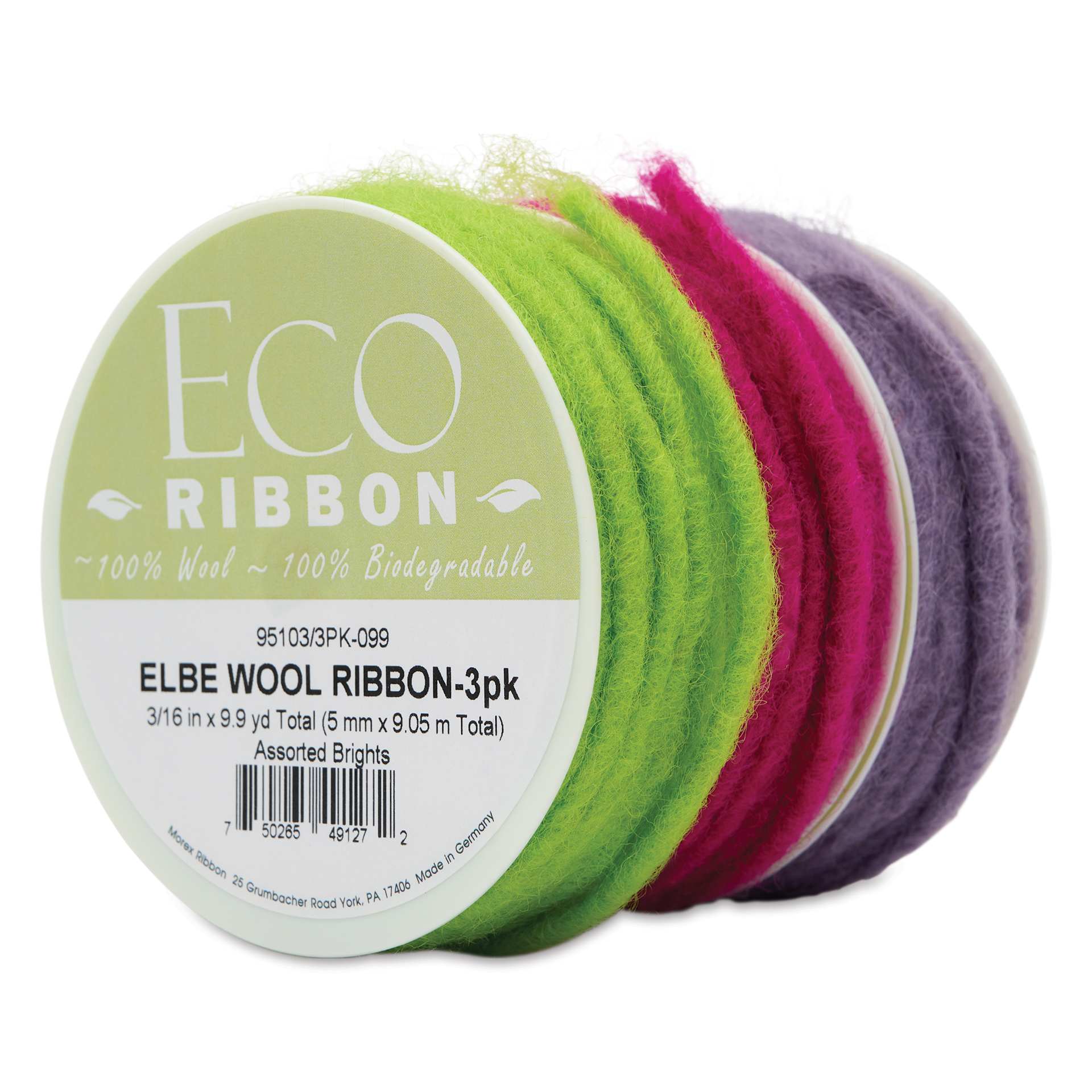 Morex Elbe Wool Ribbon - Brights, Pkg of 3, at an angle