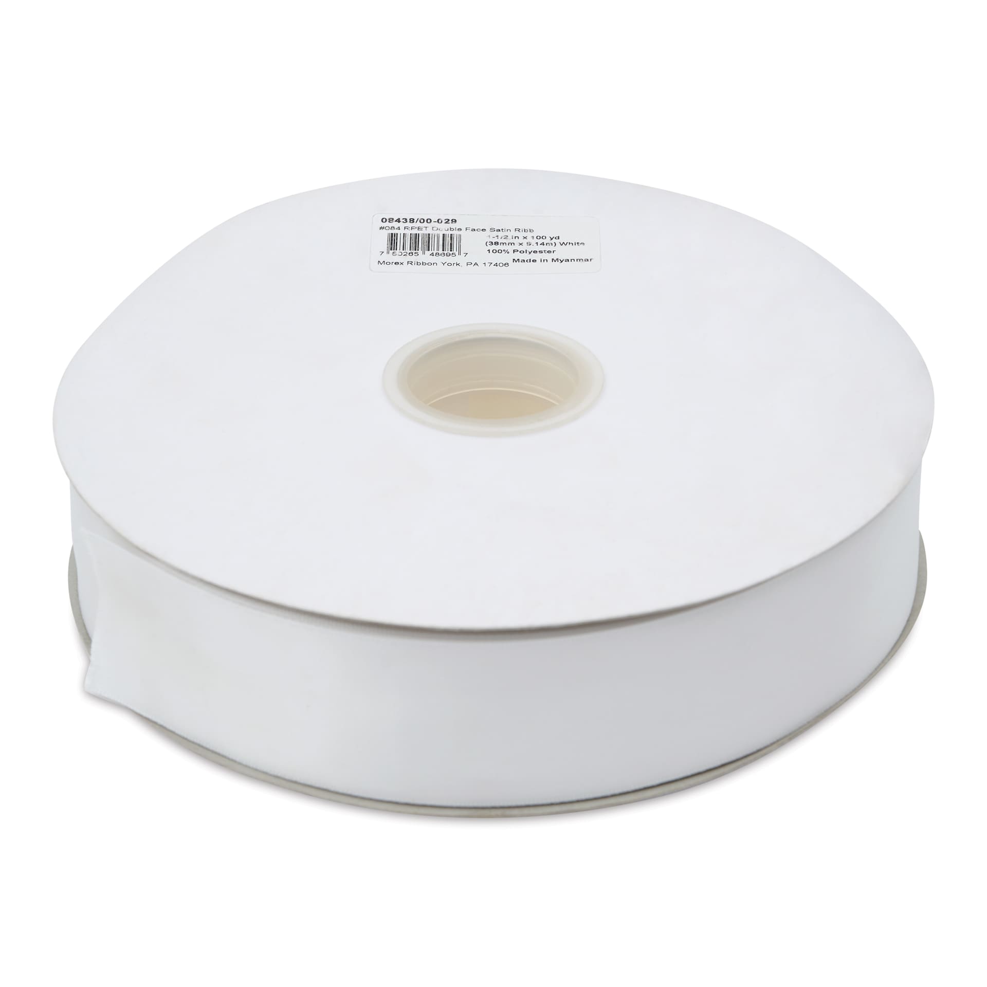 Morex Recycled Double Faced Satin Ribbon - White, 1-1/2" x 100 yd, flat