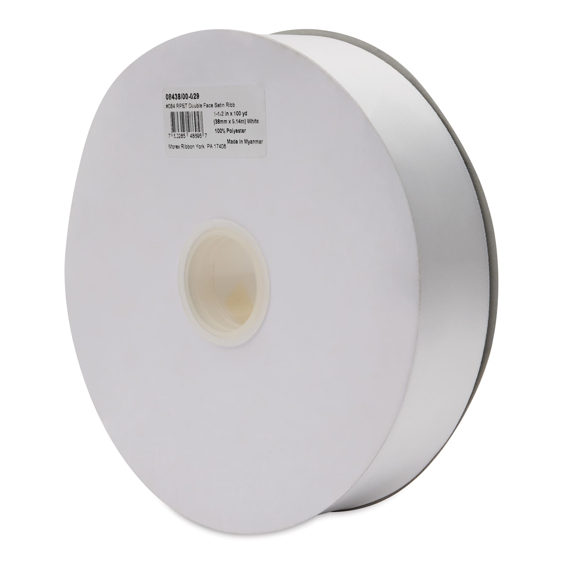 Morex Recycled Double Faced Satin Ribbon - White, 1-1/2" x 100 yd, at an angle