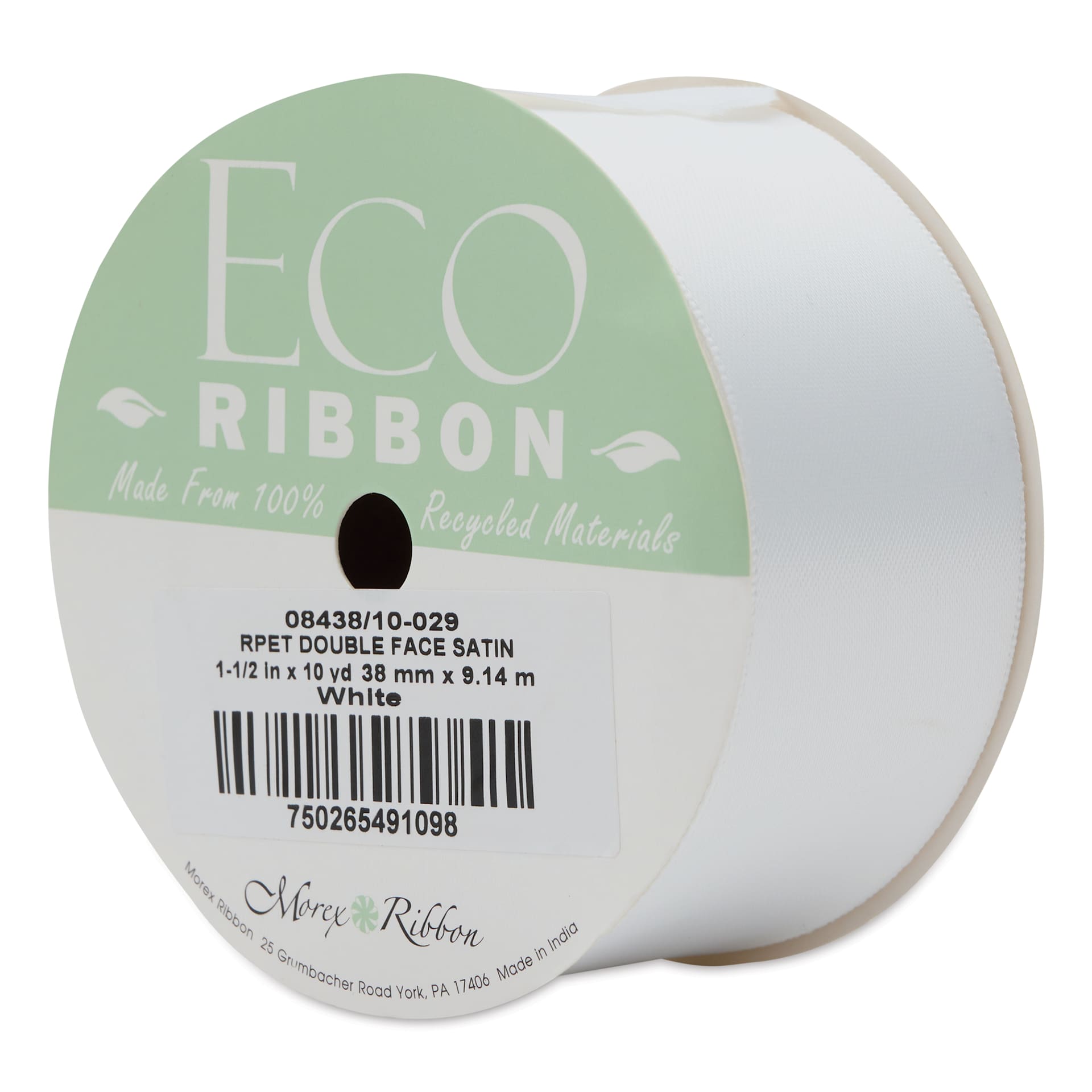 Morex Recycled Double Faced Satin Ribbon - White, 1-1/2" x 10 yd, at an angle