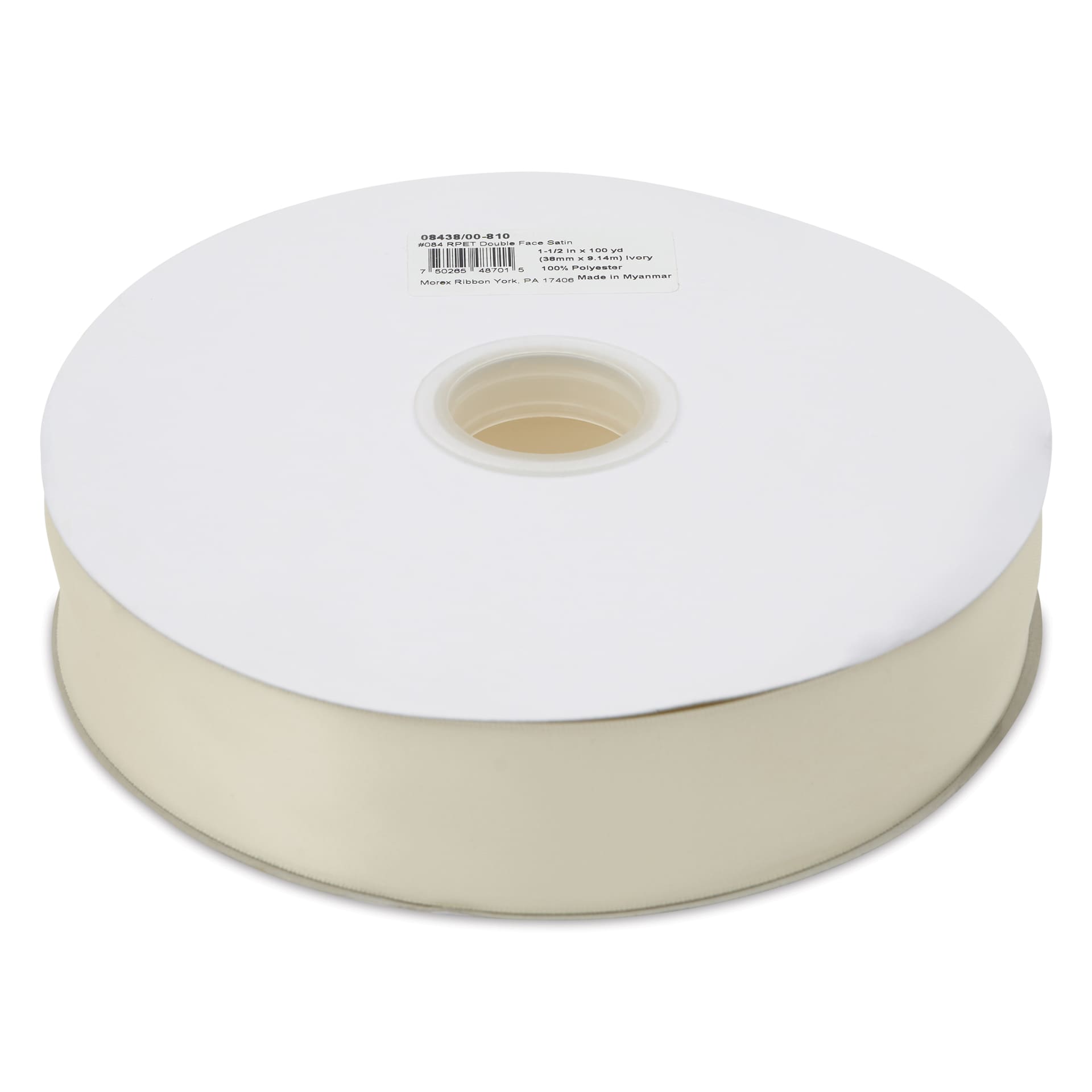 Morex Recycled Double Faced Satin Ribbon - Ivory, 1-1/2" x 100 yd, flat