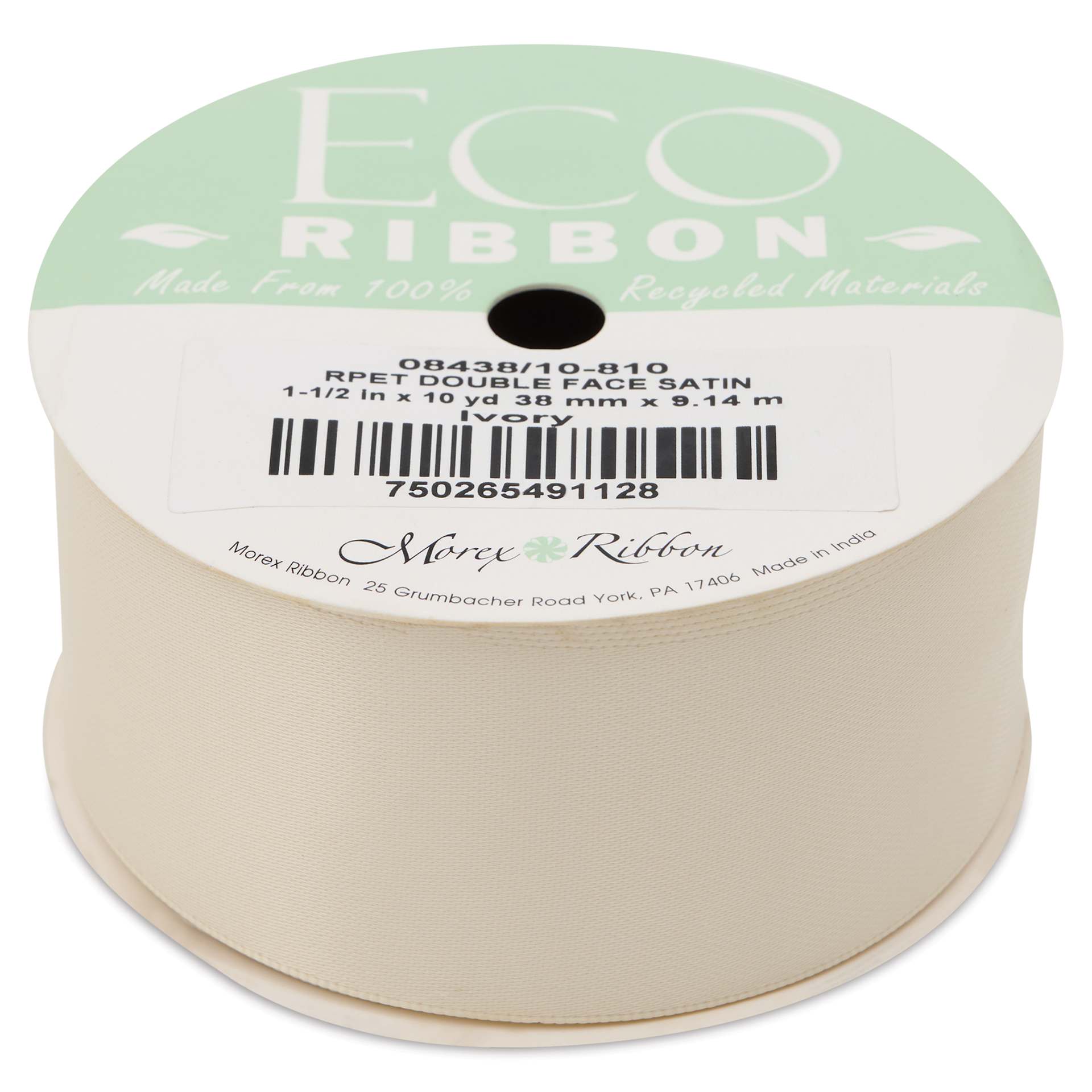 Morex Recycled Double Faced Satin Ribbon - Ivory, 1-1/2" x 10 yd, flat
