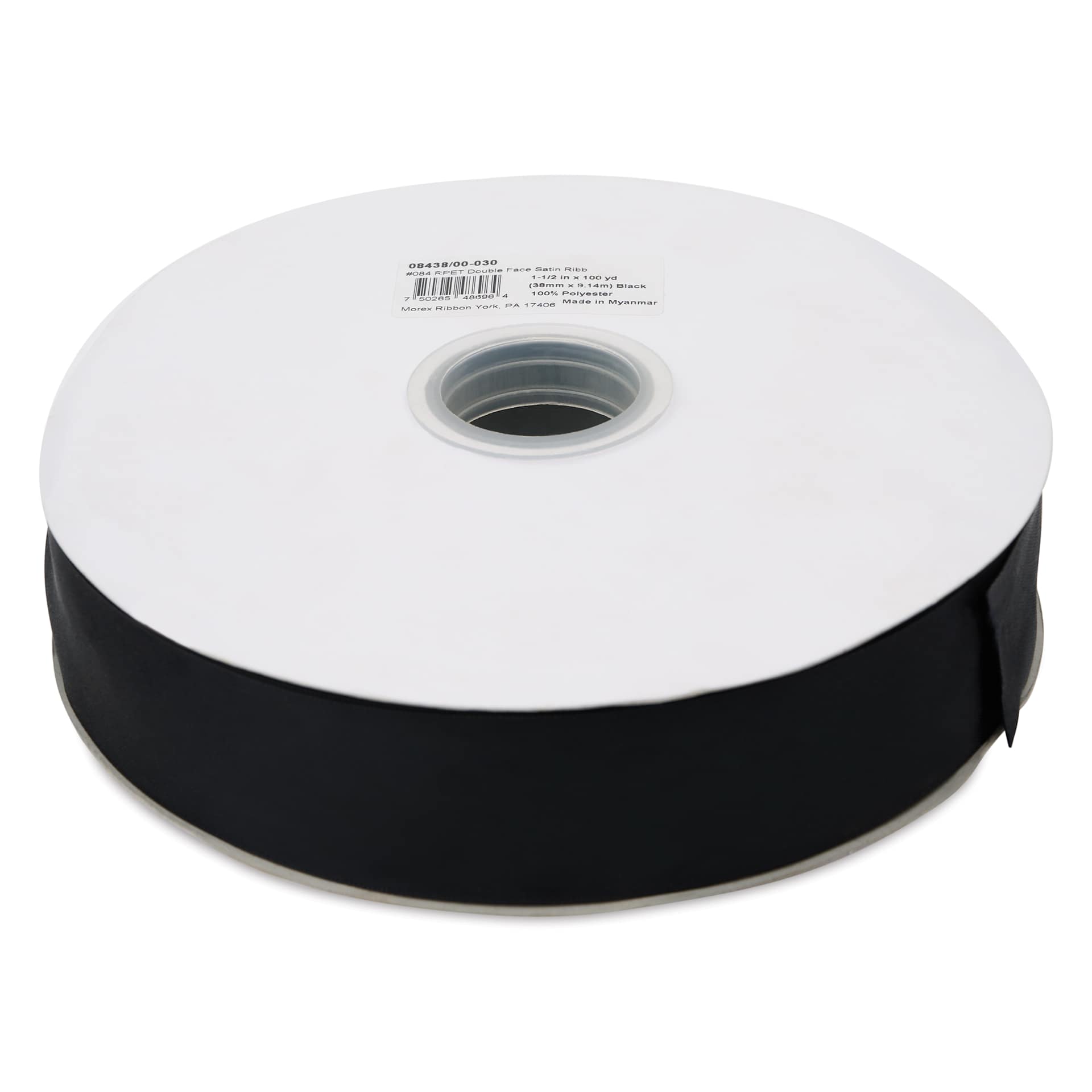 Morex Recycled Double Faced Satin Ribbon - Black, 1-1/2" x 100 yd, flat