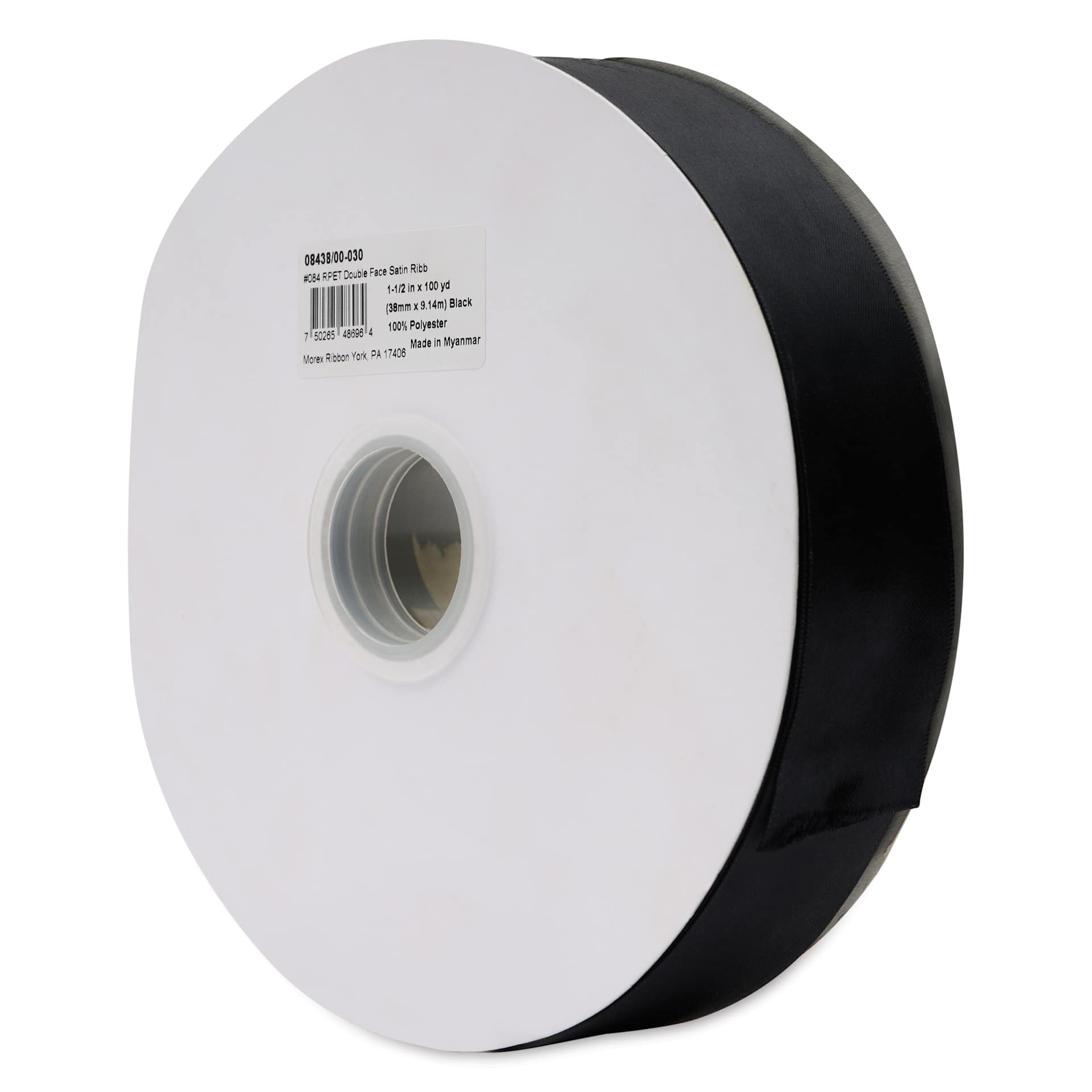 Morex Recycled Double Faced Satin Ribbon - Black, 1-1/2" x 100 yd, at an angle