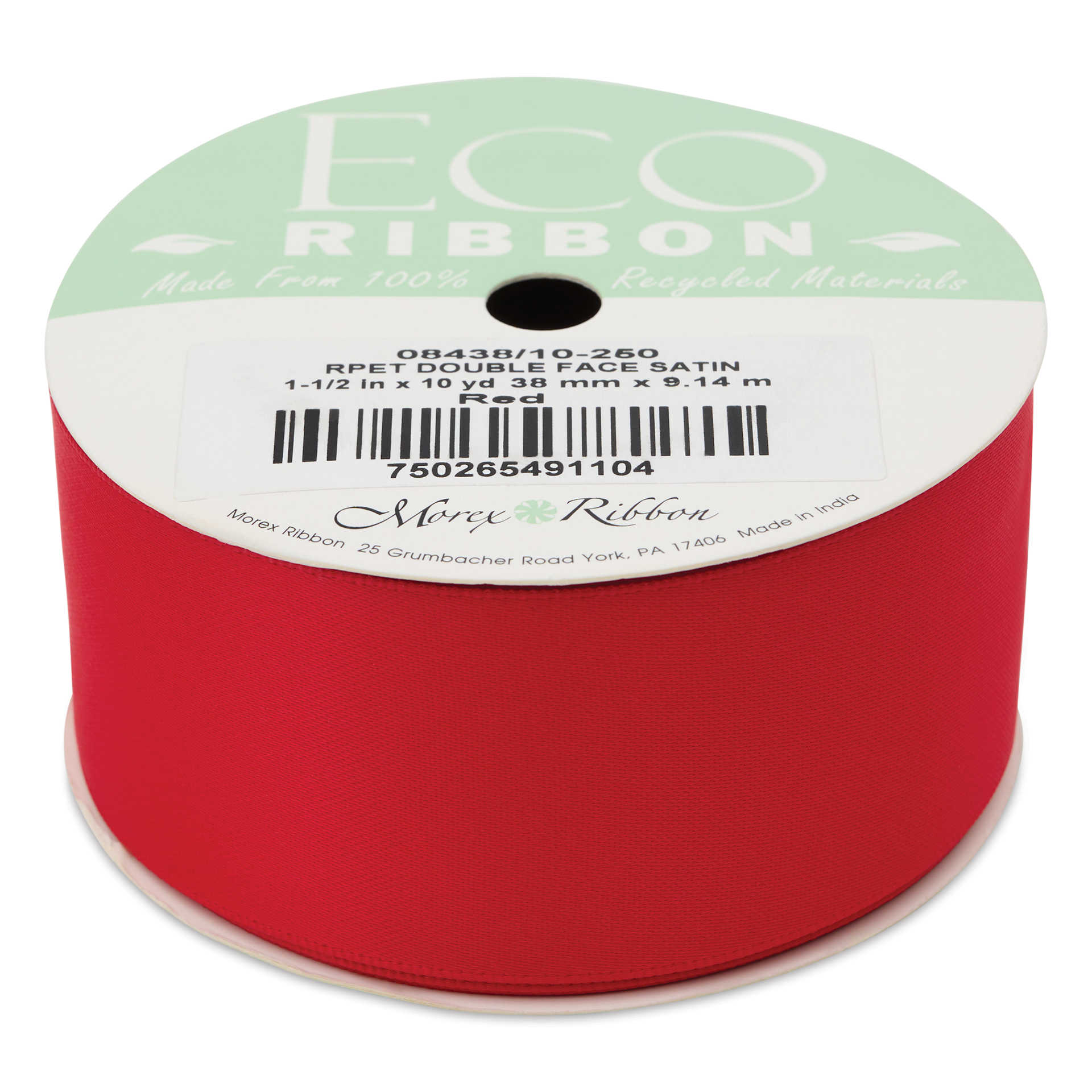 Morex Recycled Double Faced Satin Ribbon - Red, 1-1/2" x 10 yd, flat
