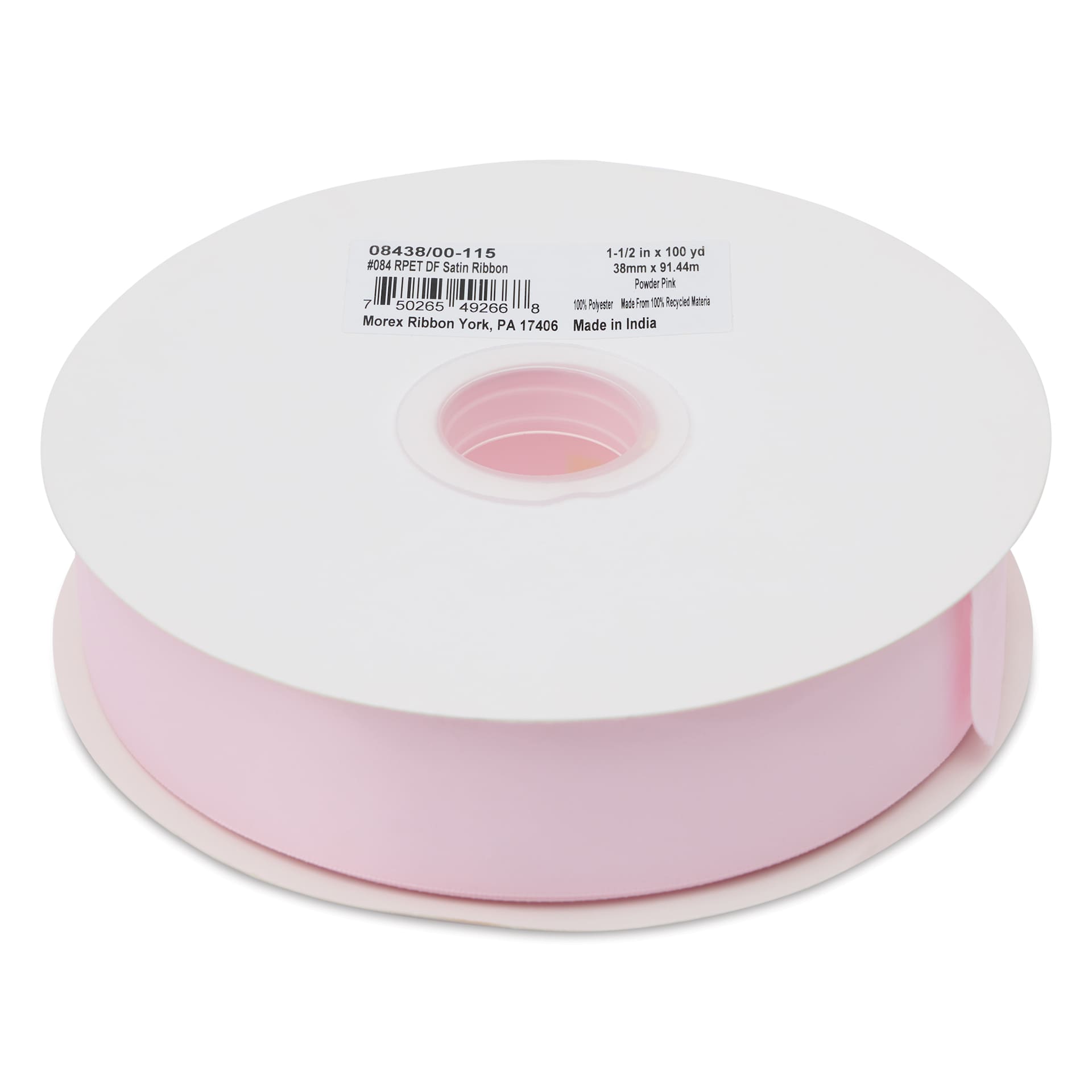 Morex Recycled Double Faced Satin Ribbon - Powder Pink, 1-1/2" x 100 yd, flat