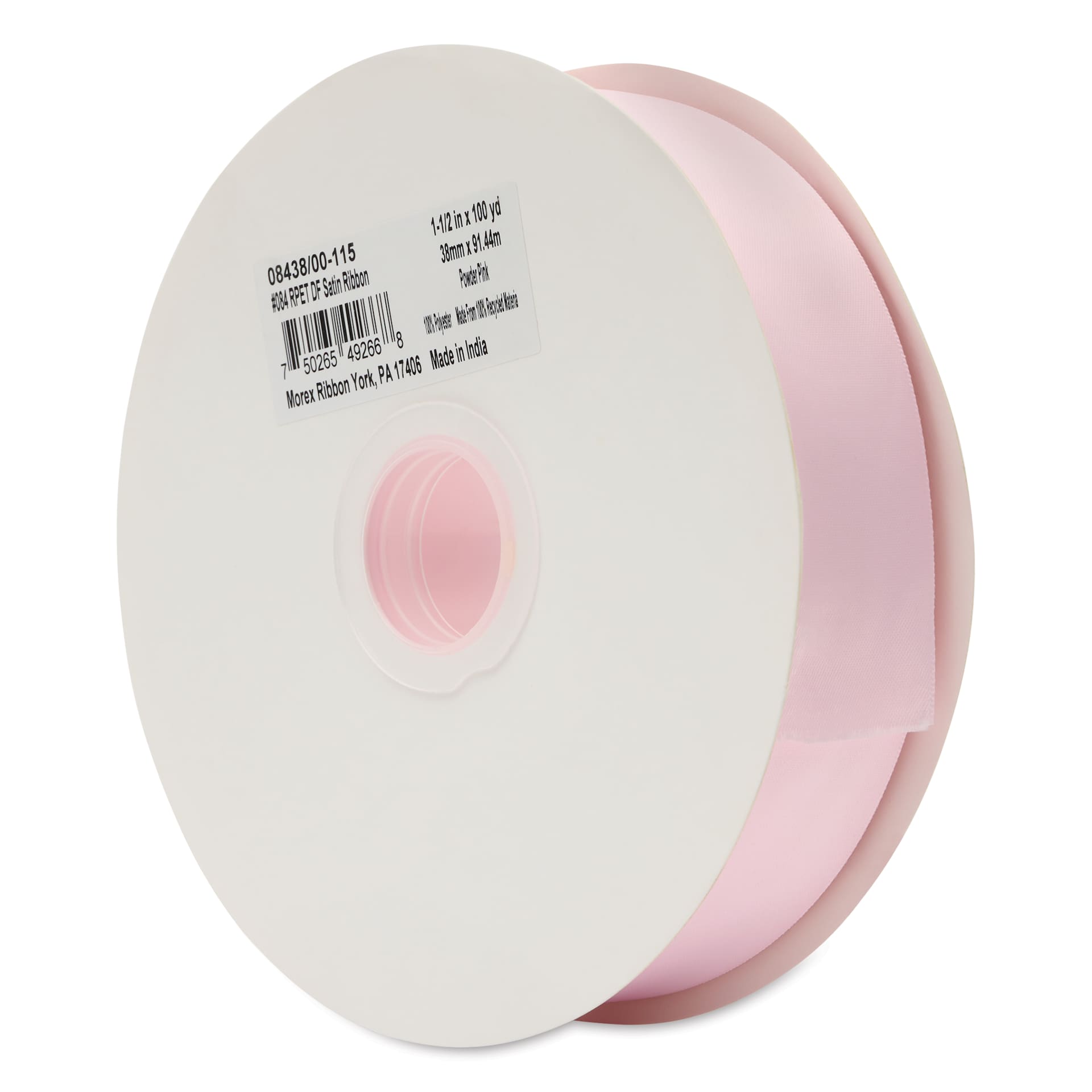 Morex Recycled Double Faced Satin Ribbon - Powder Pink, 1-1/2" x 100 yd, at an angle