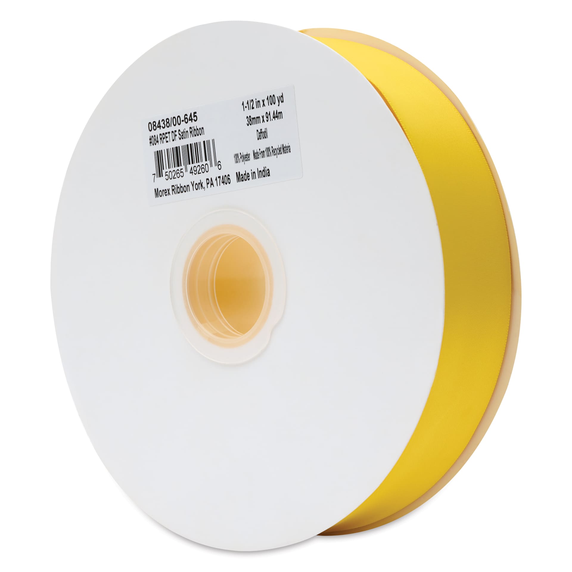 Morex Recycled Double Faced Satin Ribbon - Daffodil, 1-1/2" x 100 yd, at an angle