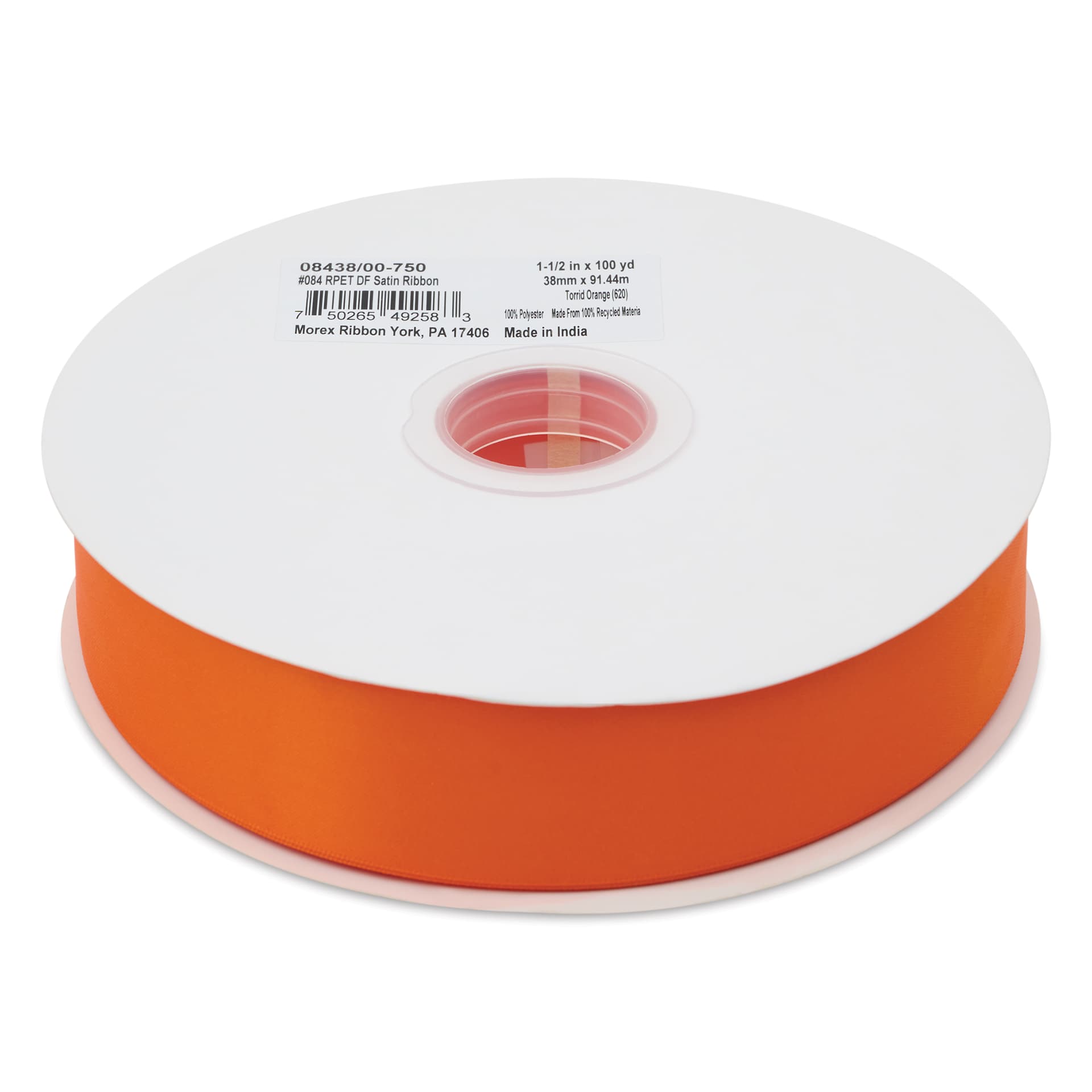 Morex Recycled Double Faced Satin Ribbon - Torrid Orange, 1-1/2" x 100 yd, flat