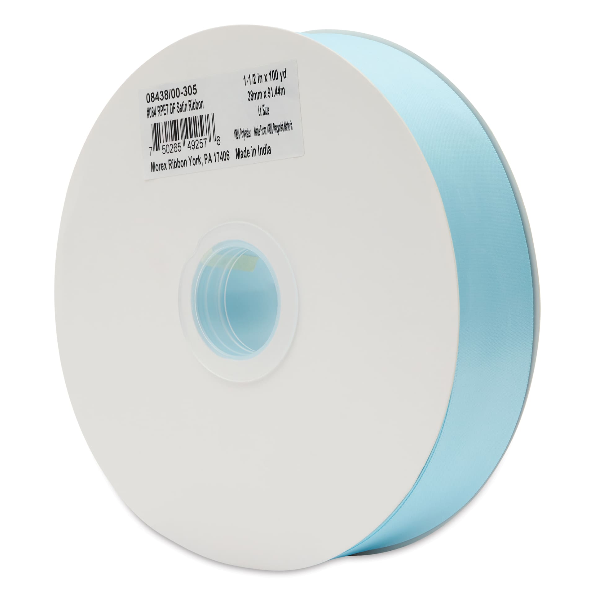Morex Recycled Double Faced Satin Ribbon - Light Blue, 1-1/2" x 100 yd, at an angle