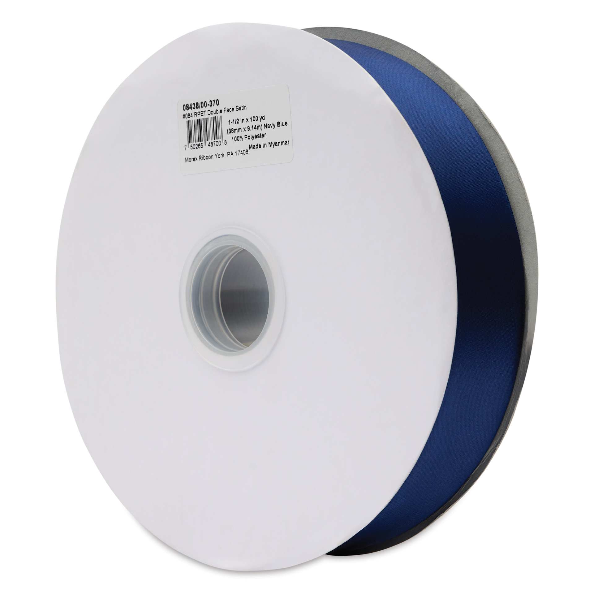 Morex Recycled Double Faced Satin Ribbon - Navy, 1-1/2" x 100 yd, at an angle
