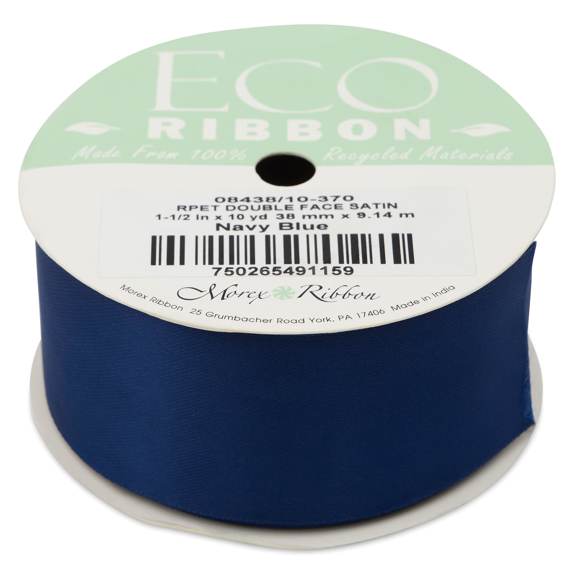 Morex Recycled Double Faced Satin Ribbon - Navy, 1-1/2" x 10 yd, flat