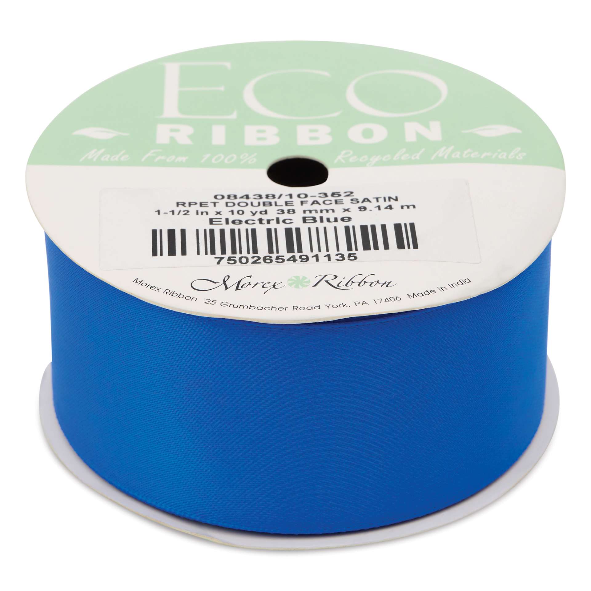 Morex Recycled Double Faced Satin Ribbon - Electric Blue, 1-1/2" x 10 yd, flat