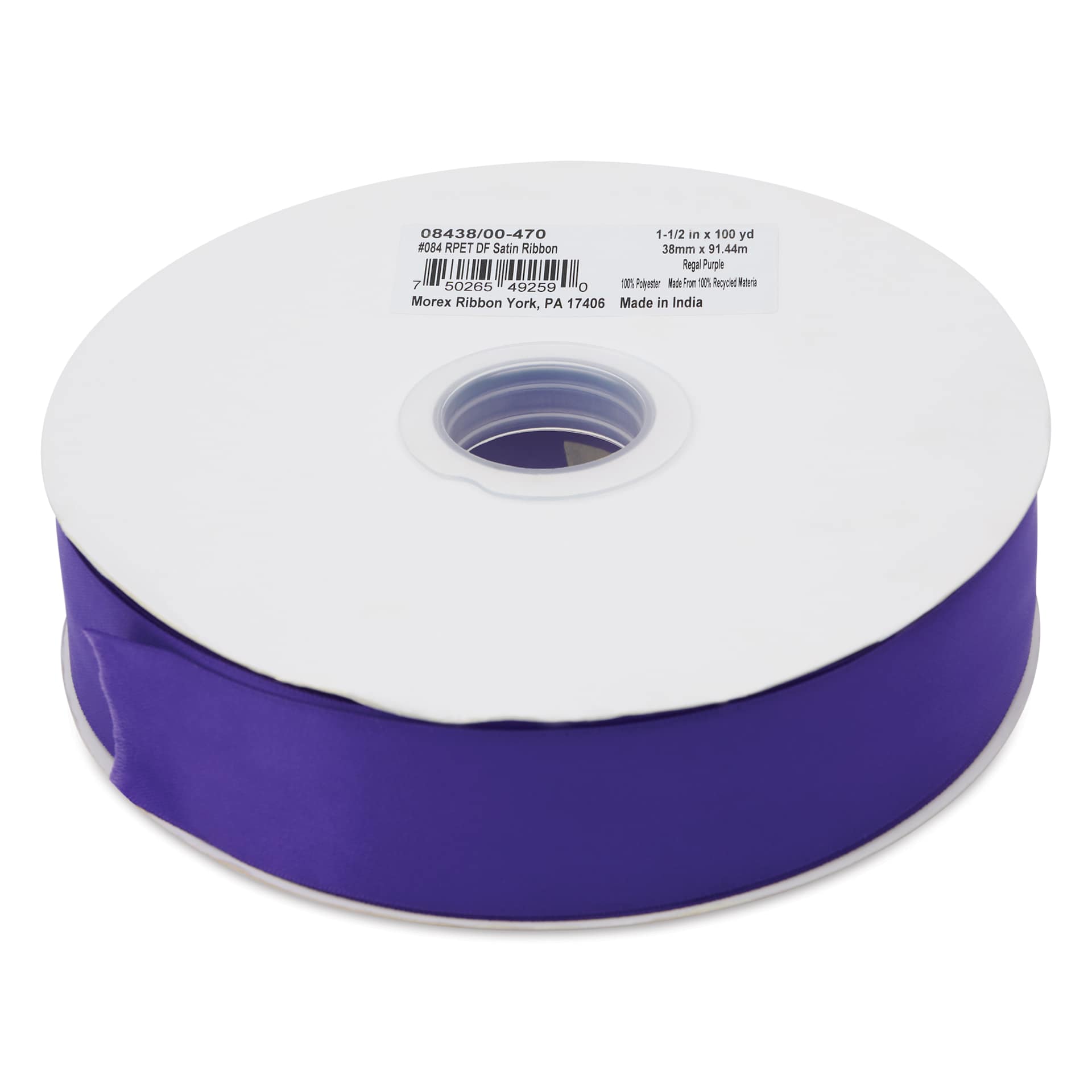 Morex Recycled Double Faced Satin Ribbon - Regal Purple, 1-1/2" x 100 yd, flat