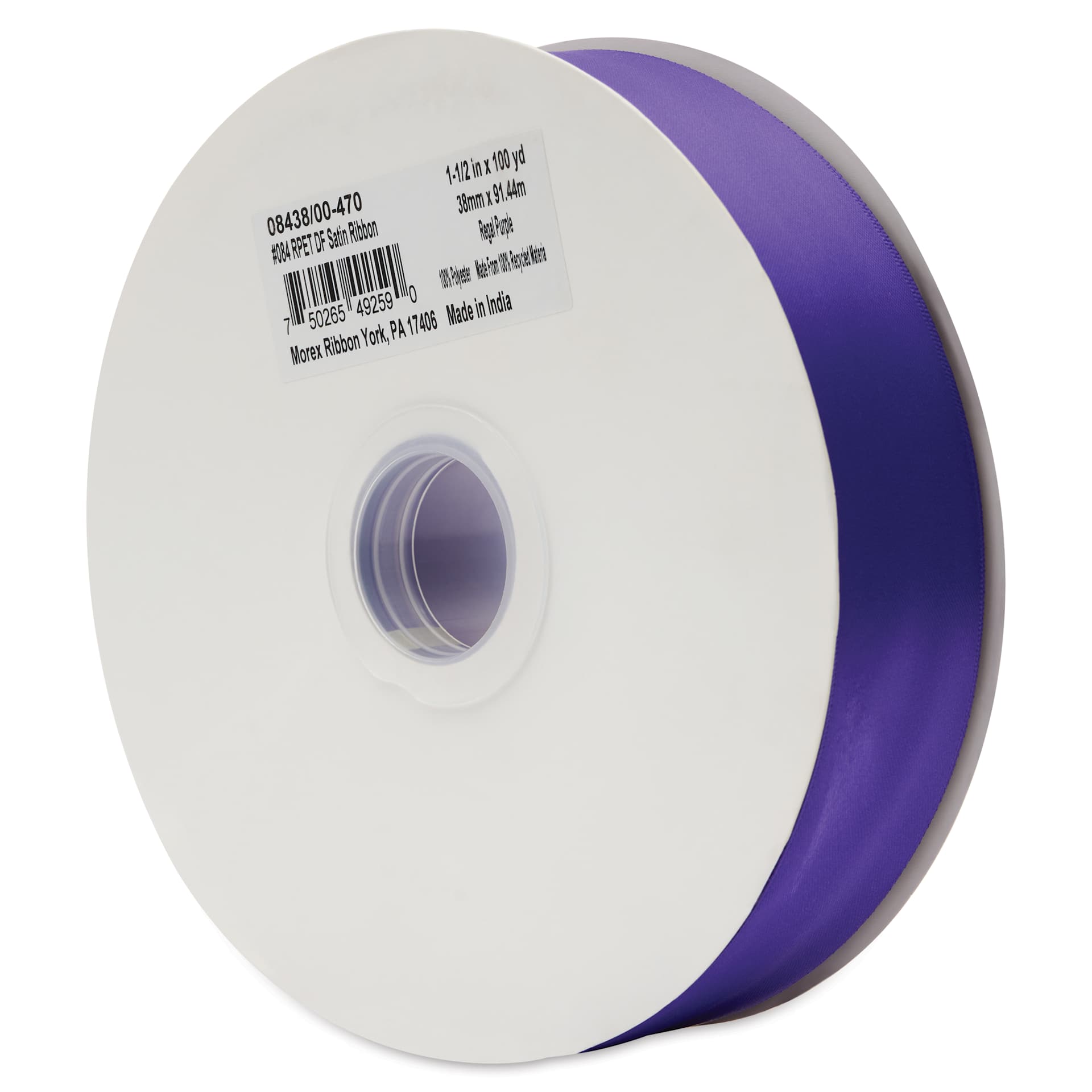 Morex Recycled Double Faced Satin Ribbon - Regal Purple, 1-1/2" x 100 yd, at an angle