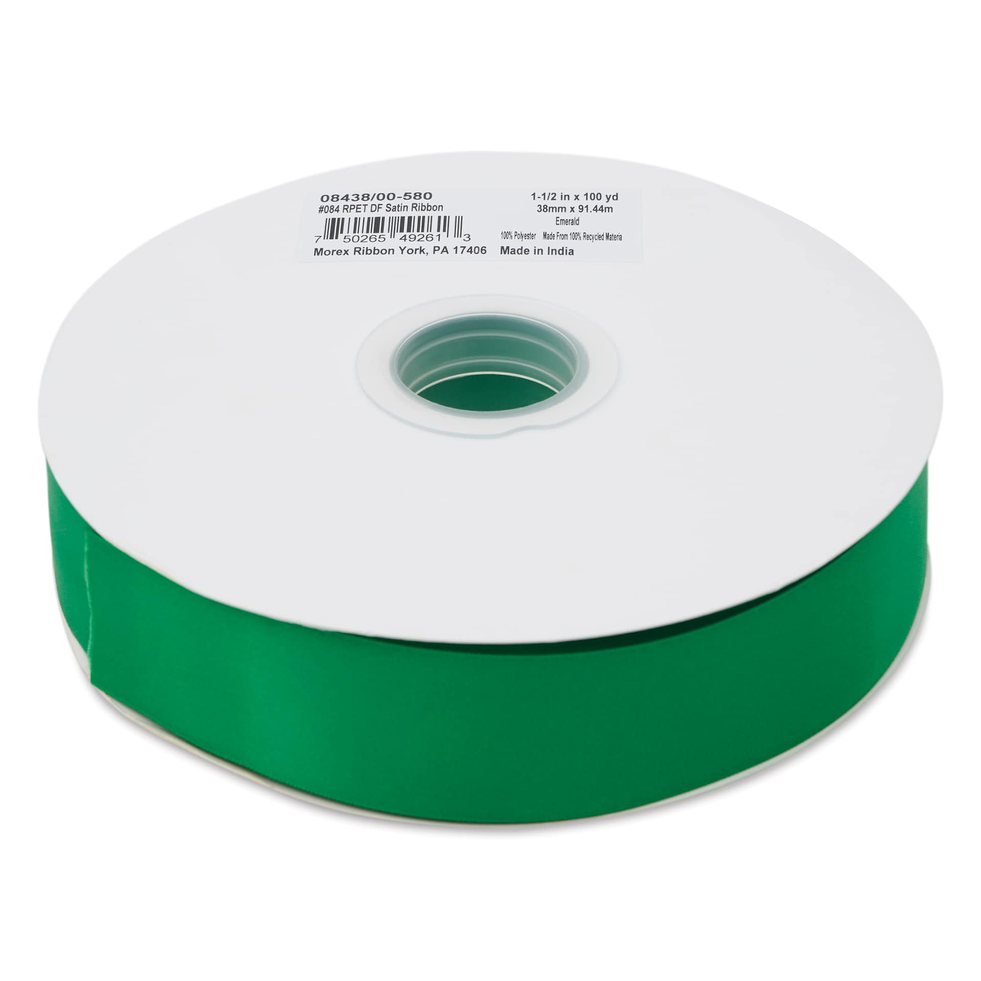 Morex Recycled Double Faced Satin Ribbon - Emerald, 1-1/2" x 100 yd, flat