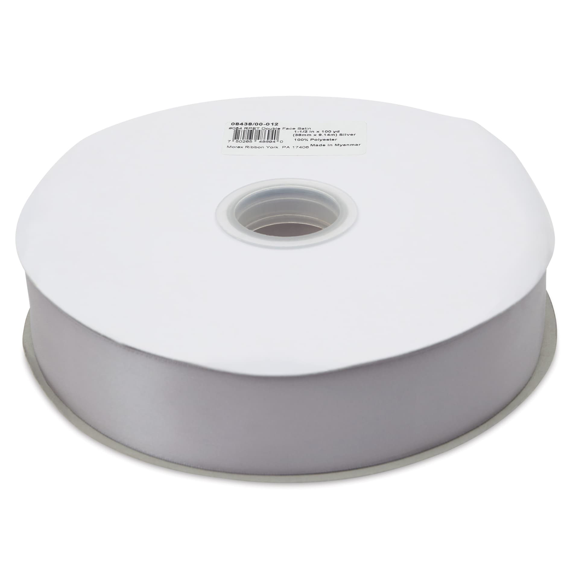 Morex Recycled Double Faced Satin Ribbon - Silver, 1-1/2" x 100 yd, flat
