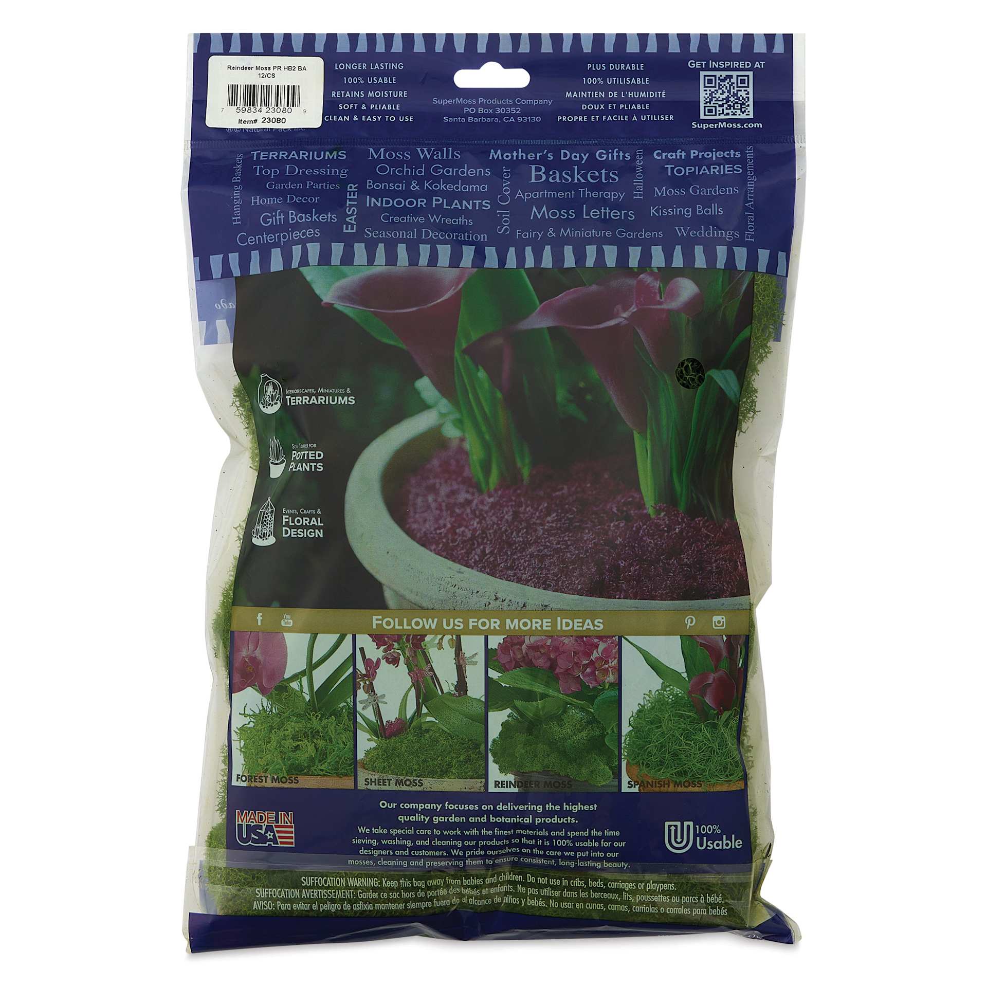 SuperMoss Preserved Reindeer Moss - Basil, back of packaging