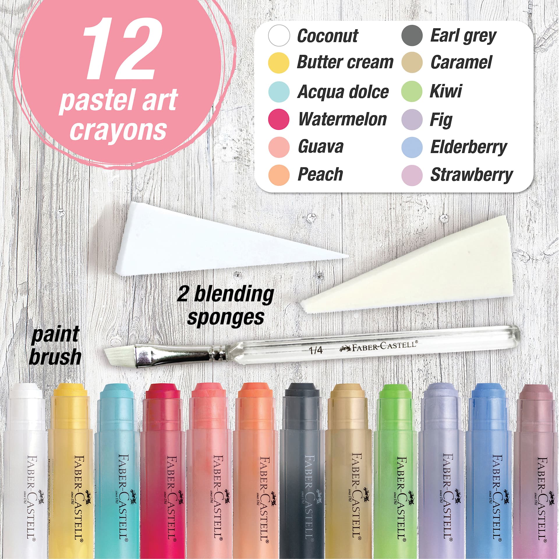 Faber Castell Art Crayons - Set of 12, Pastel Colors, set contents