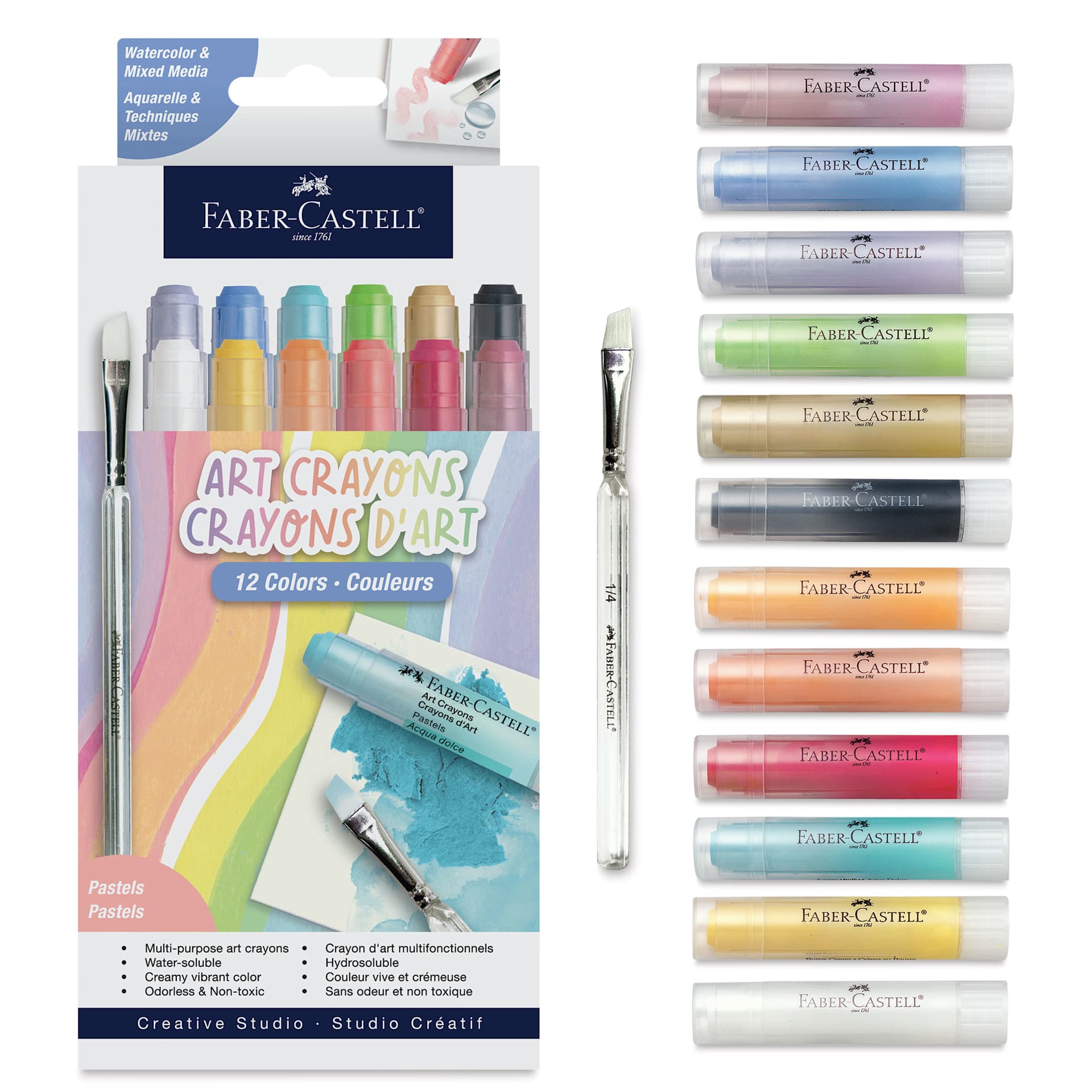 Faber Castell Art Crayons - Set of 12, Pastel Colors, packaging and contents