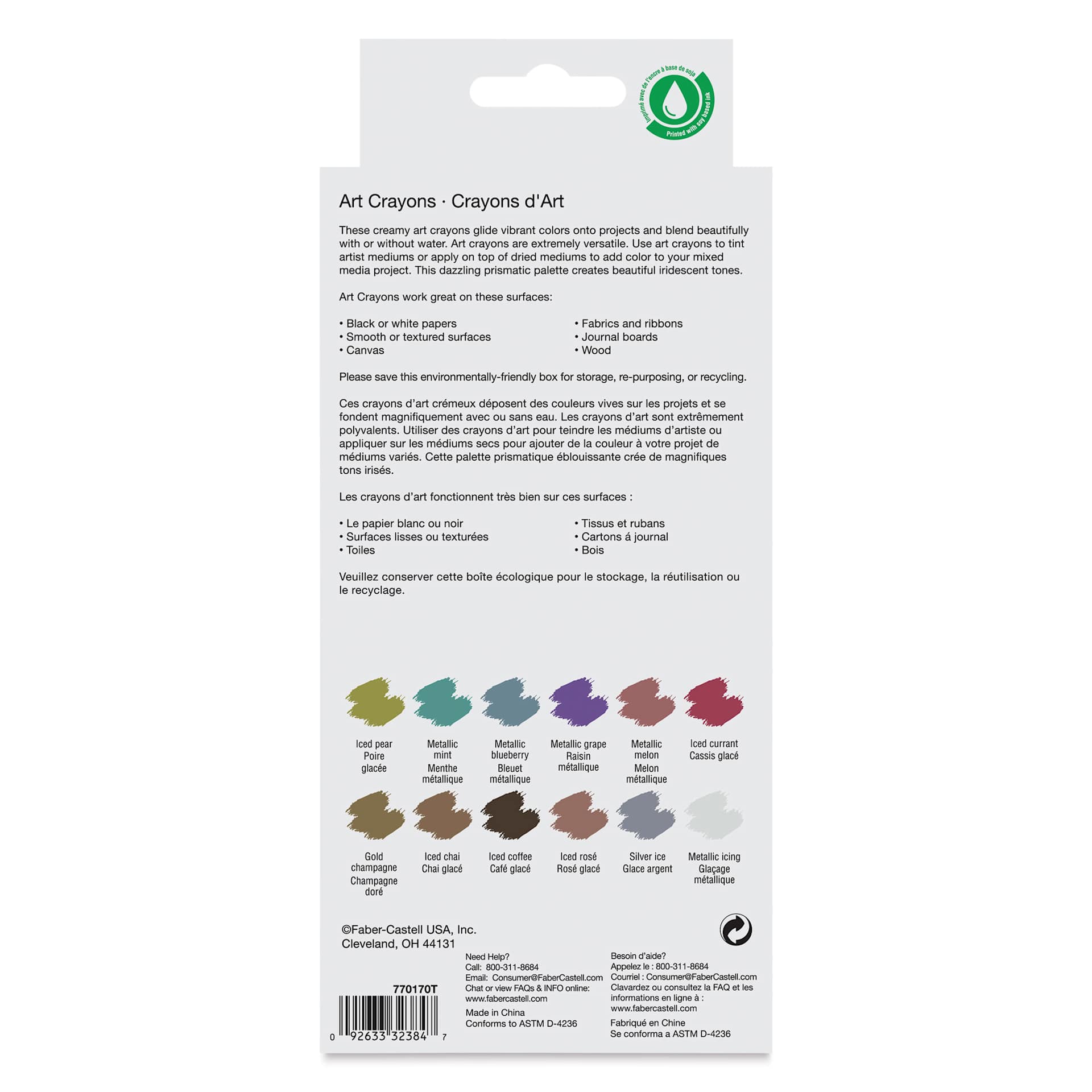 Faber Castell Art Crayons - Set of 12, Metallic Colors, back of packaging