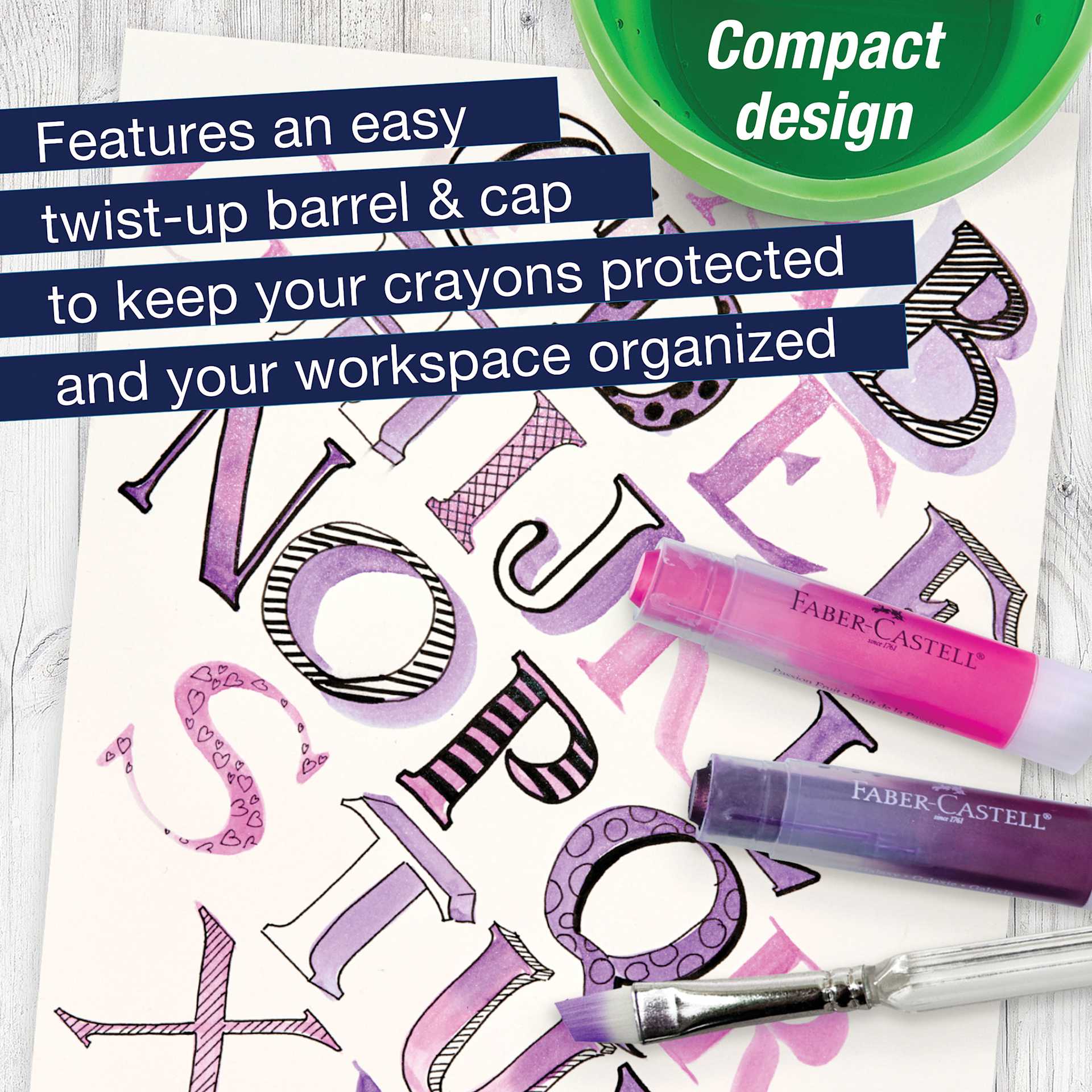 Compact Design. Featuring an easy twist-up barrel & cap to keep your crayons protected and your workspace organized.