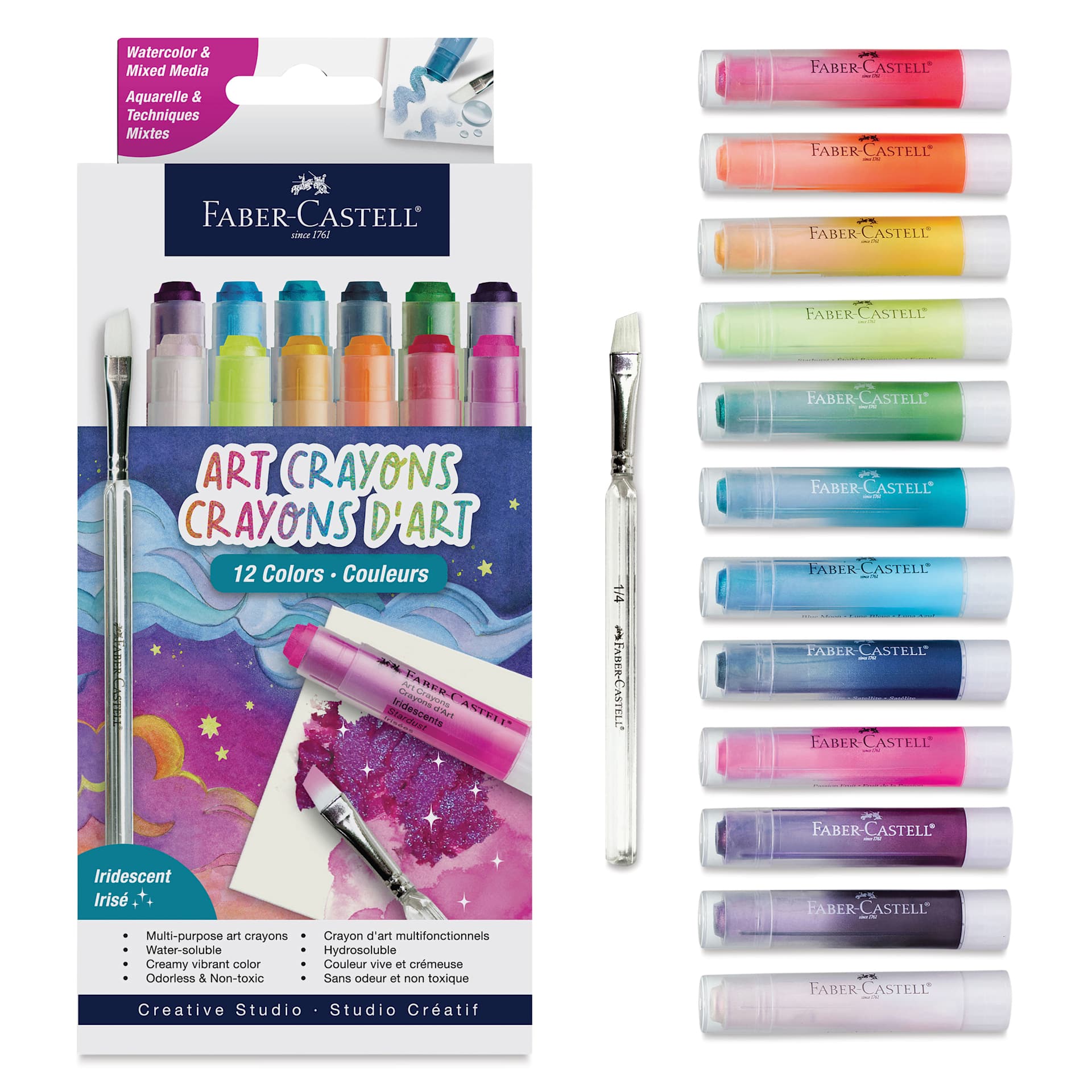 Faber Castell Art Crayons - Set of 12, Iridescent 1 Colors, packaging and contents