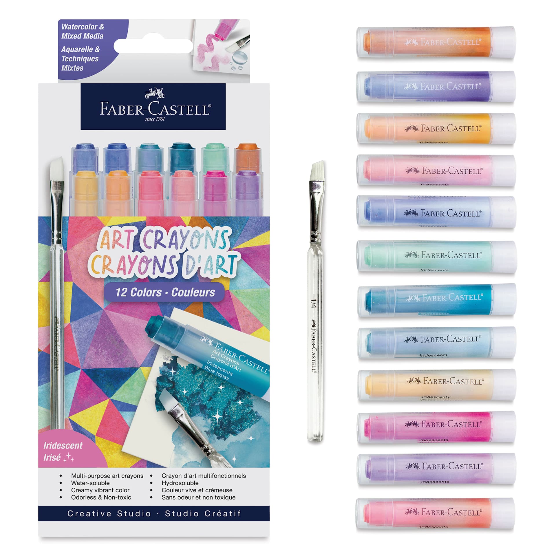 Faber Castell Art Crayons - Set of 12, Iridescent 2 Colors, packaging and contents
