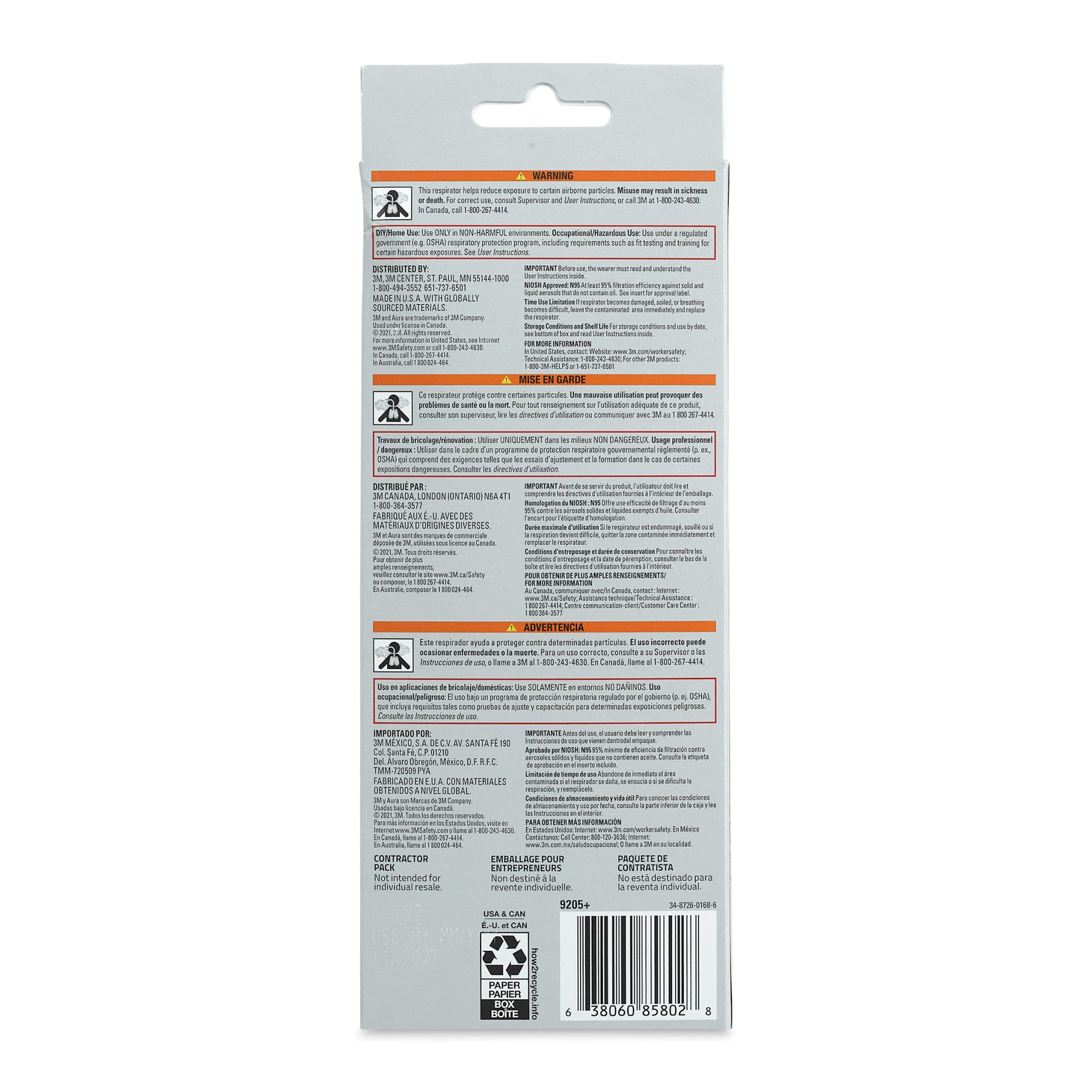 3M Aura N95 Particulate Respirator - Pkg of 3, back of the packaging