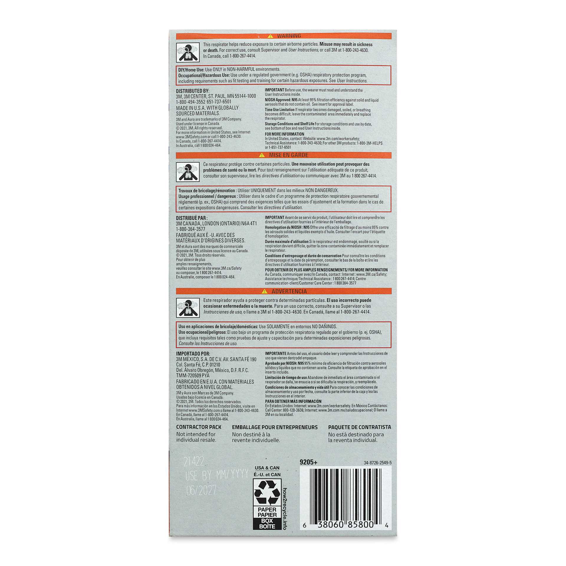 3M Aura N95 Particulate Respirator - Pkg of 20, other side of the packaging