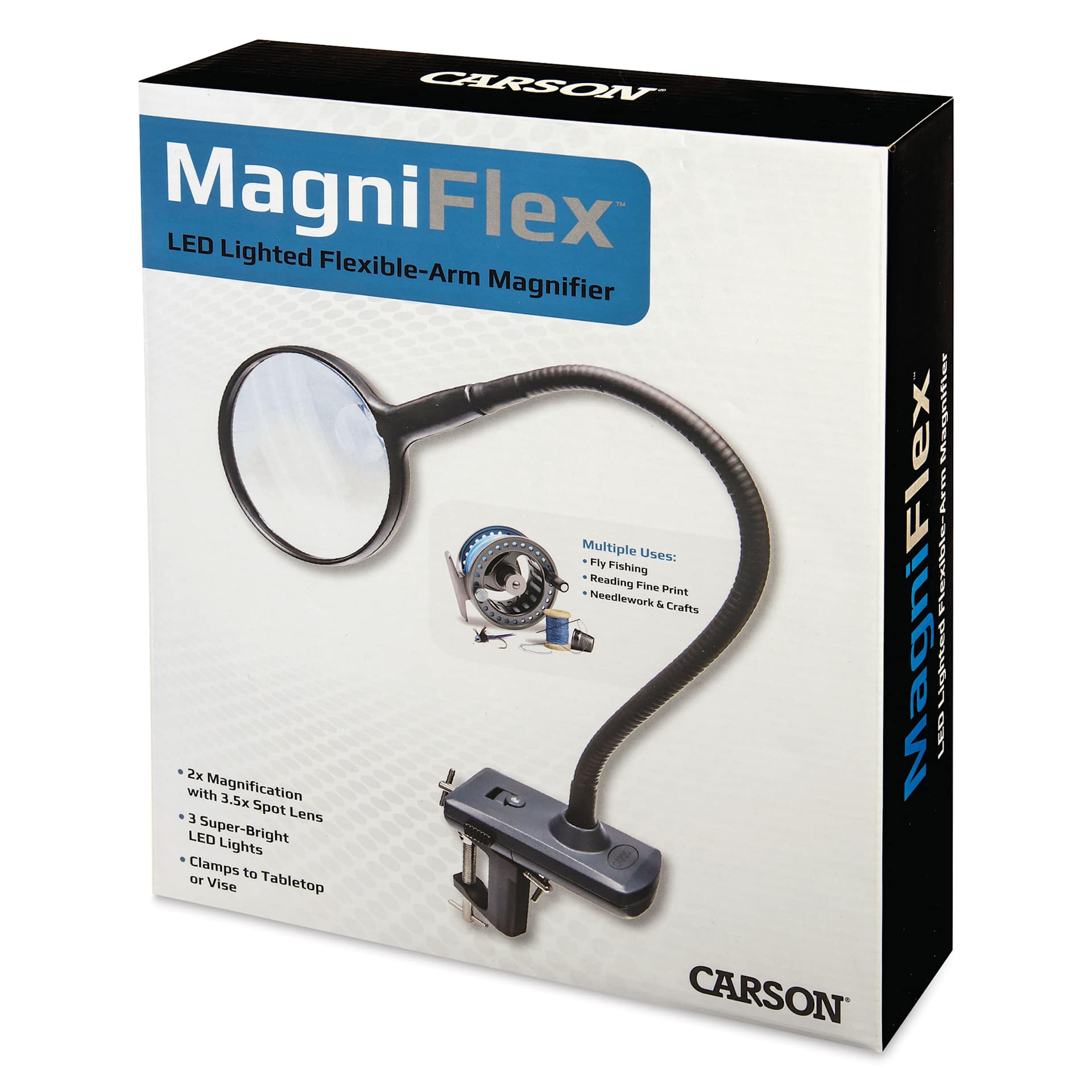 Carson MagniFlex LED Magnifier front of packaging, angled view
