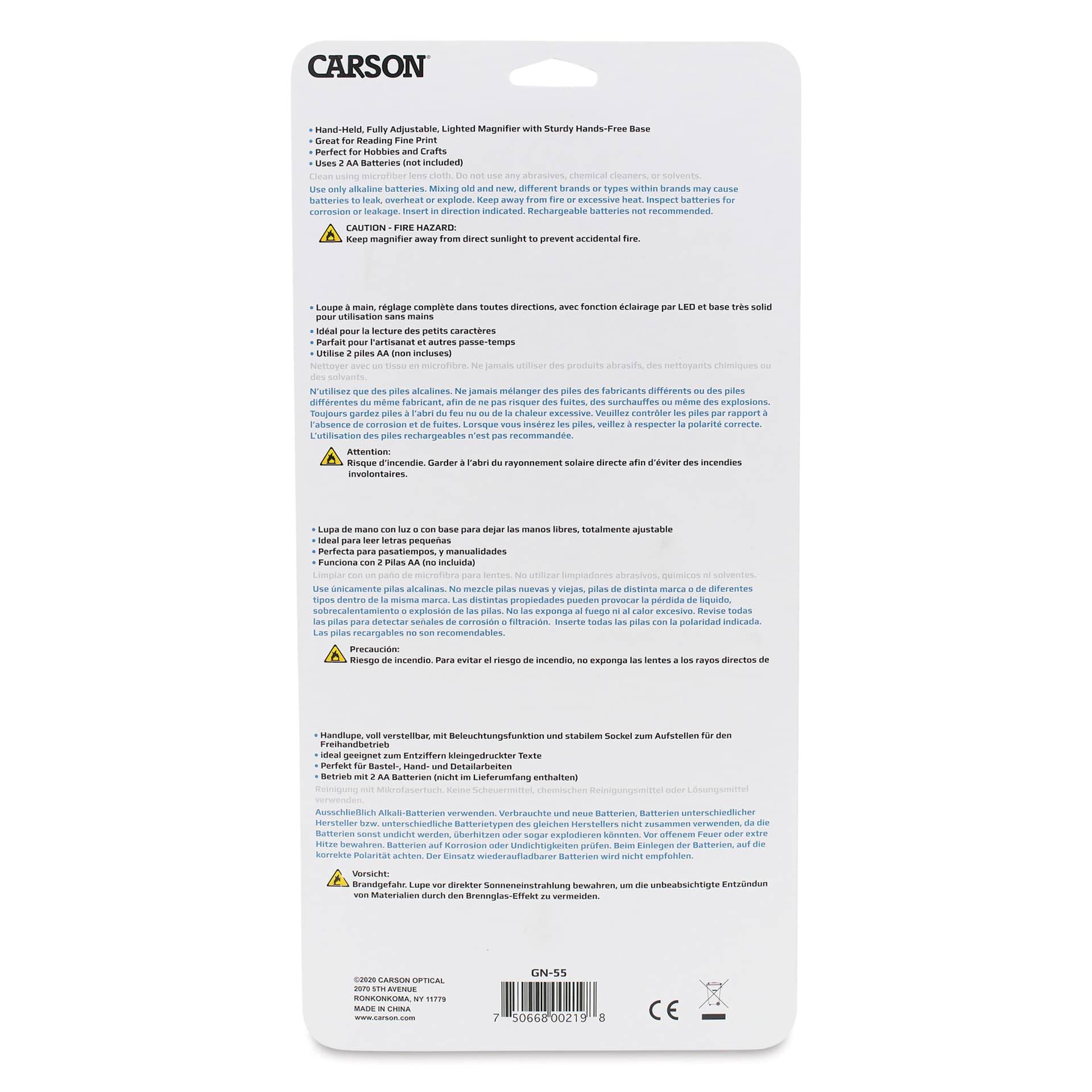 Carson MagniLamp LED Magnifier back of packaging