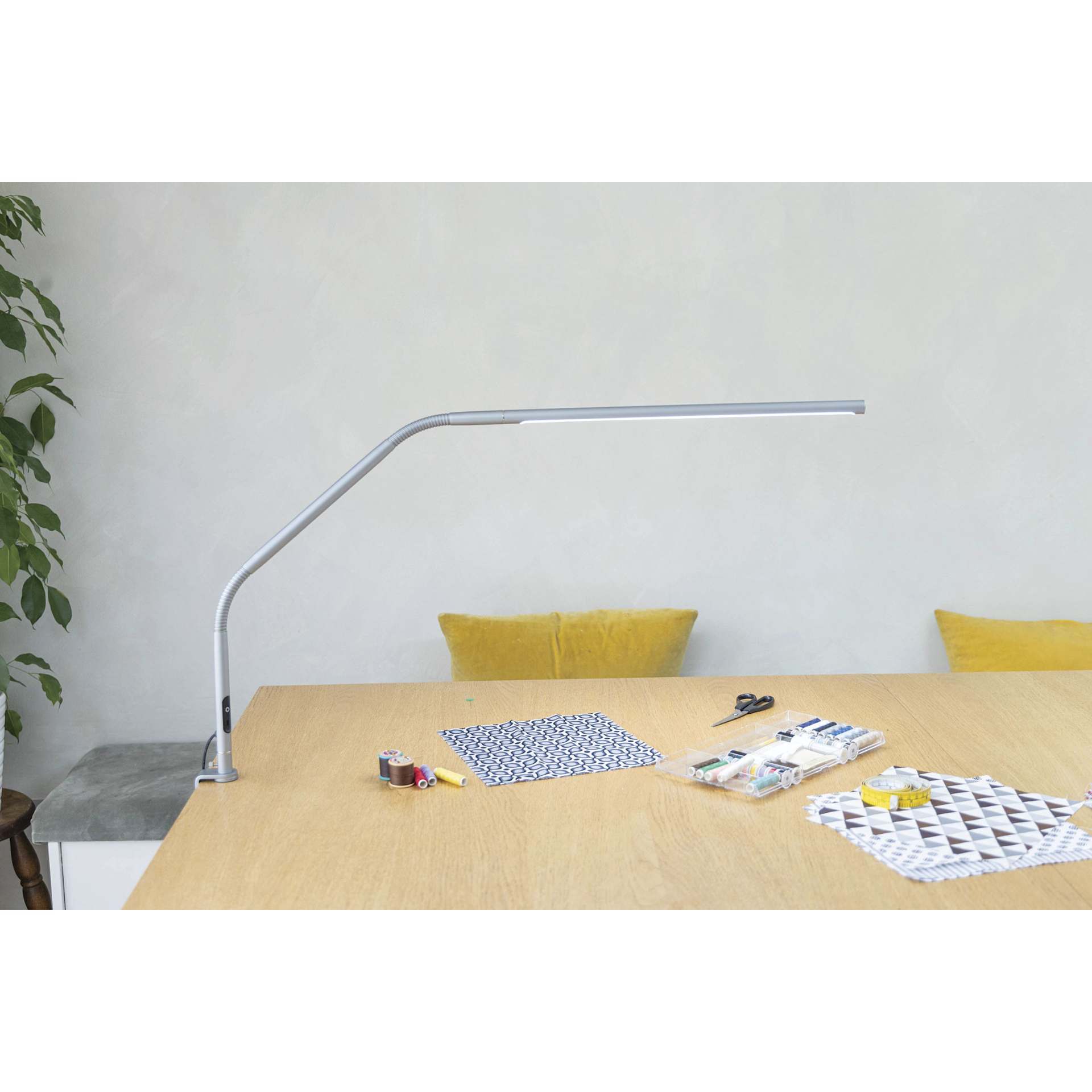 Daylight Slimline 4 LED Table Lamp - Ice Grey - clamped to table
