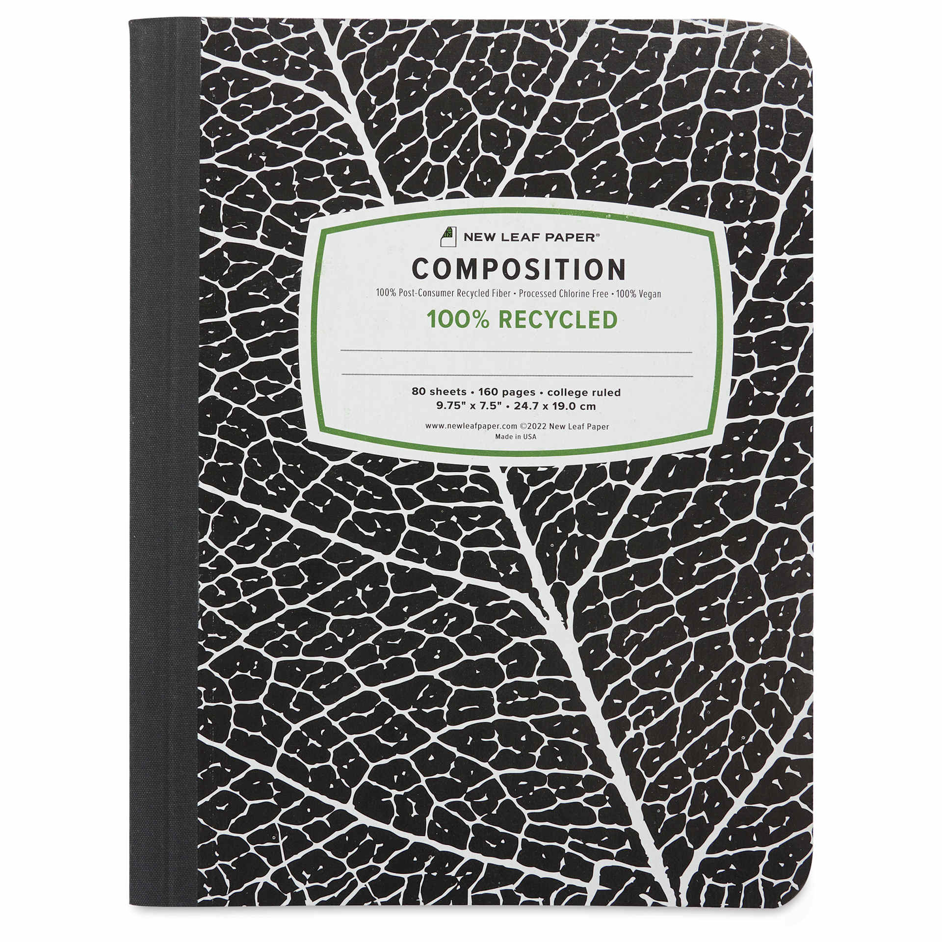 New Leaf Paper Composition Book - Black, Ruled, 9-3/4" x 7-1/2", front