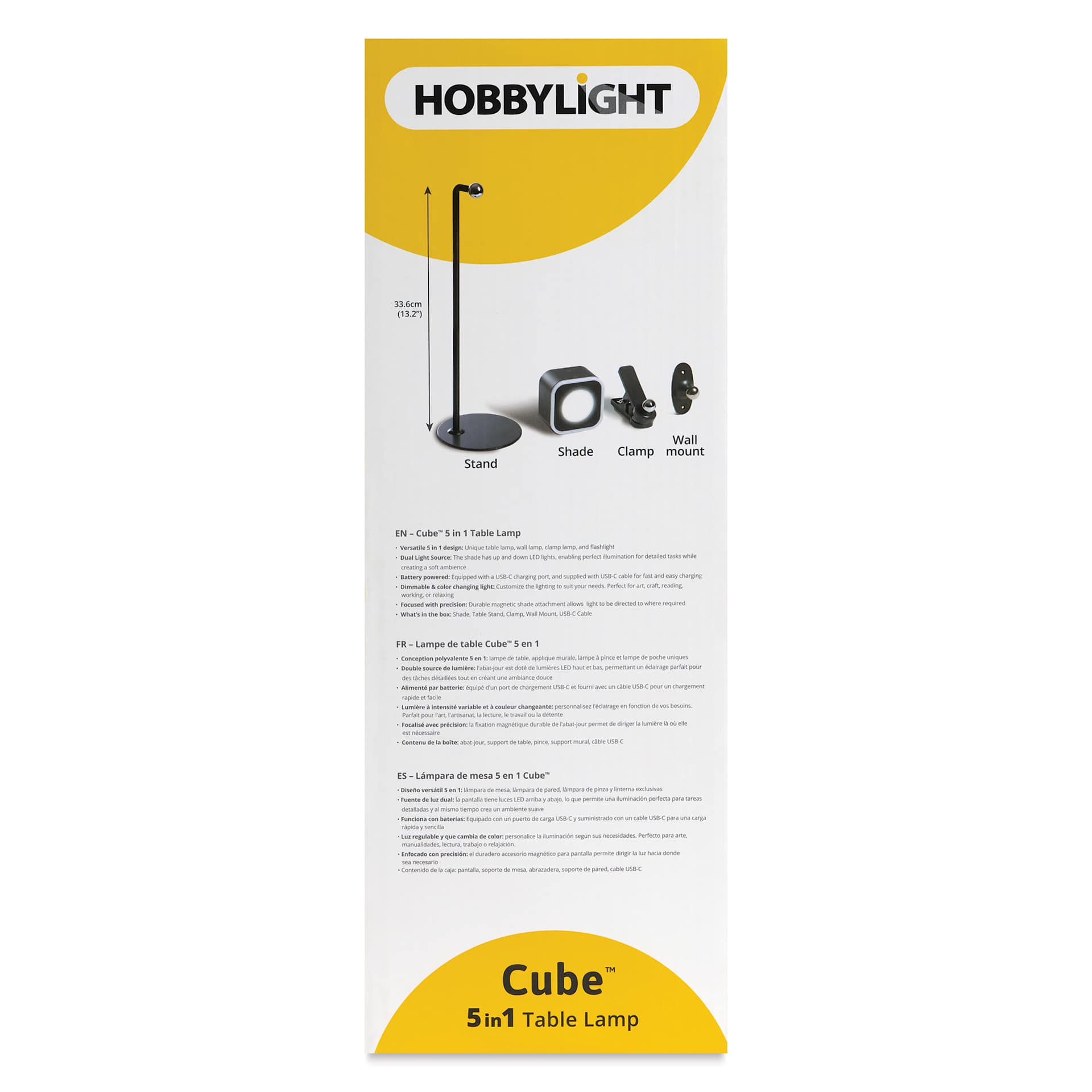 Hobbylight Cube 5-in-1 LED Table Lamp - Black, back of the packaging