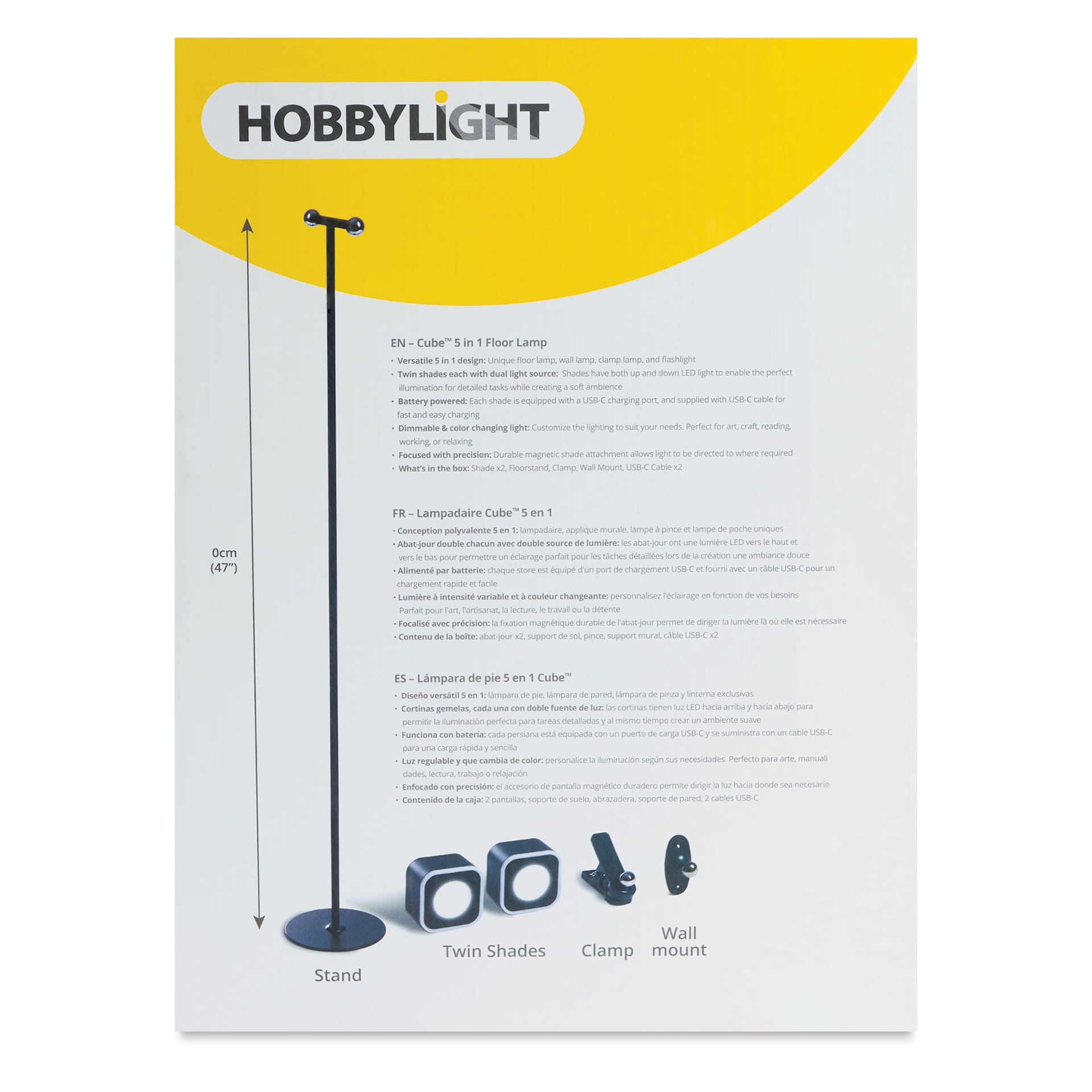 Hobbylight Cube 5-in-1 LED Floor Lamp - Black, back of the packaging