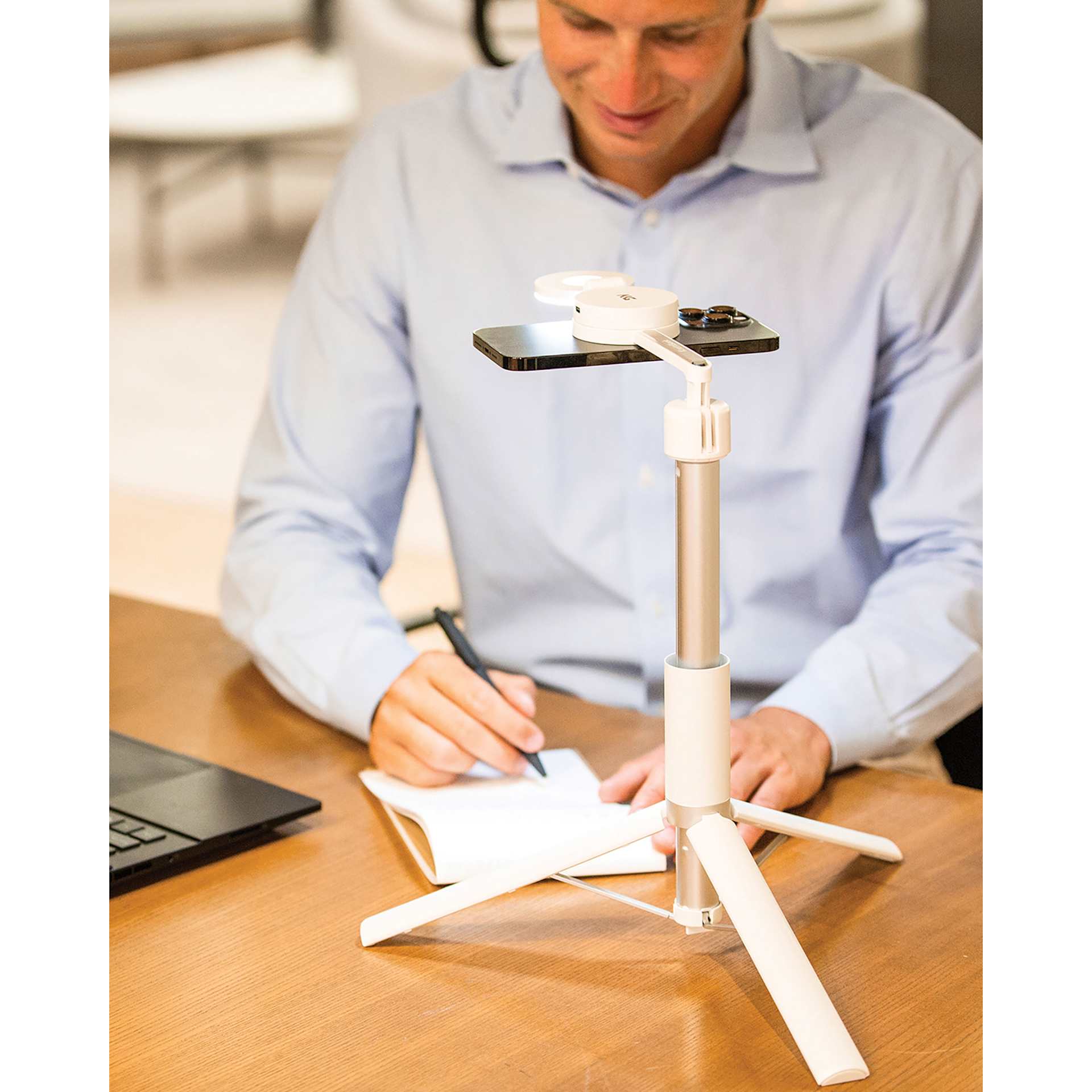 KraftGeek MagStand Magnetic Phone Tripod - White, set up on a desk