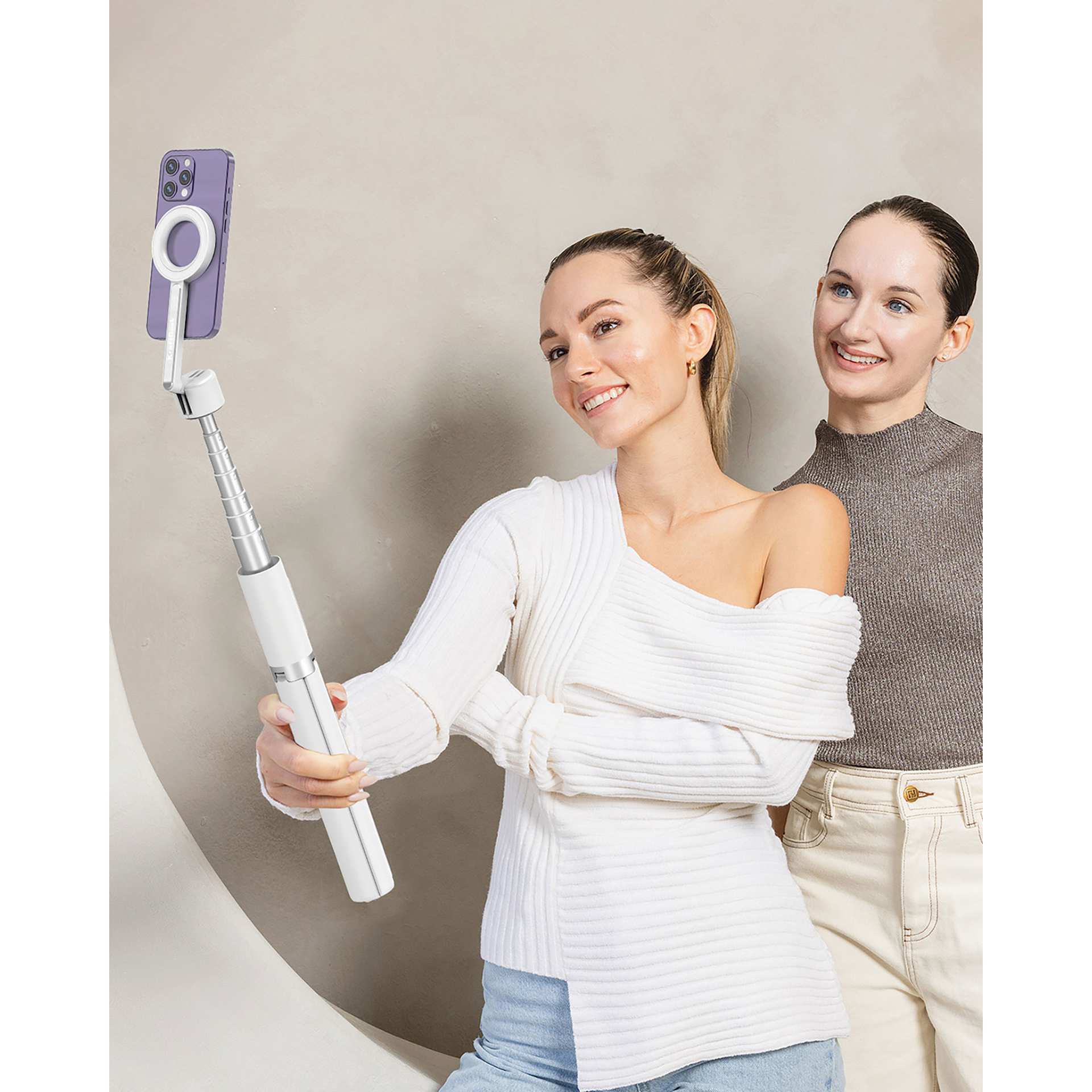 KraftGeek MagStand Magnetic Phone Tripod - White, in use as a selfie stick