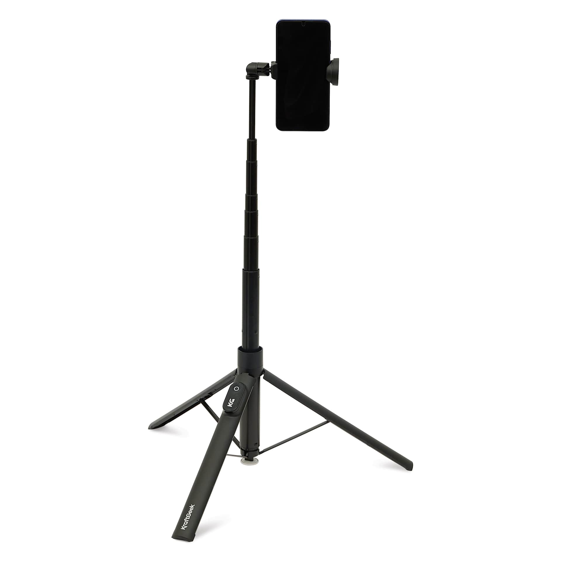 KraftGeek JustTap Tripod - Black with phone attached, phone not included