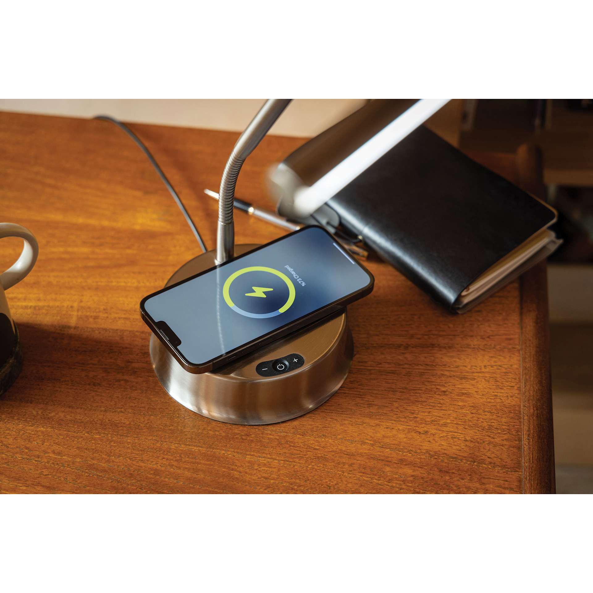 Daylight Libra Table Lamp - phone on charging pad, phone not included